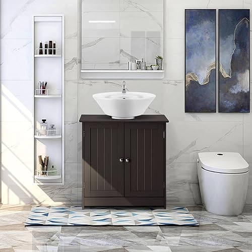 Miniatura 2 de VINGLI Gabinete de lavabo con pedestal tradicional para debajo del fregadero, mueble de baño espresso con 2 puertas, estante ajustable de 23.6 x