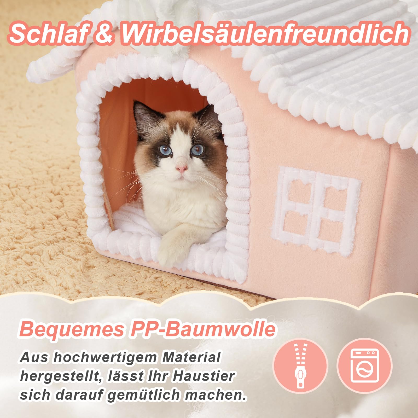 Jiupety Häschenohren-Katzenhaus Indoor, Schornstein-Katzenbett Höhle, Katzenhöhle Warm für 1.4-6.8 kg Katze und Hunde, Faltbare Mit Herausnehmbarem Cat House Cat Bed für alle Jahreszeiten