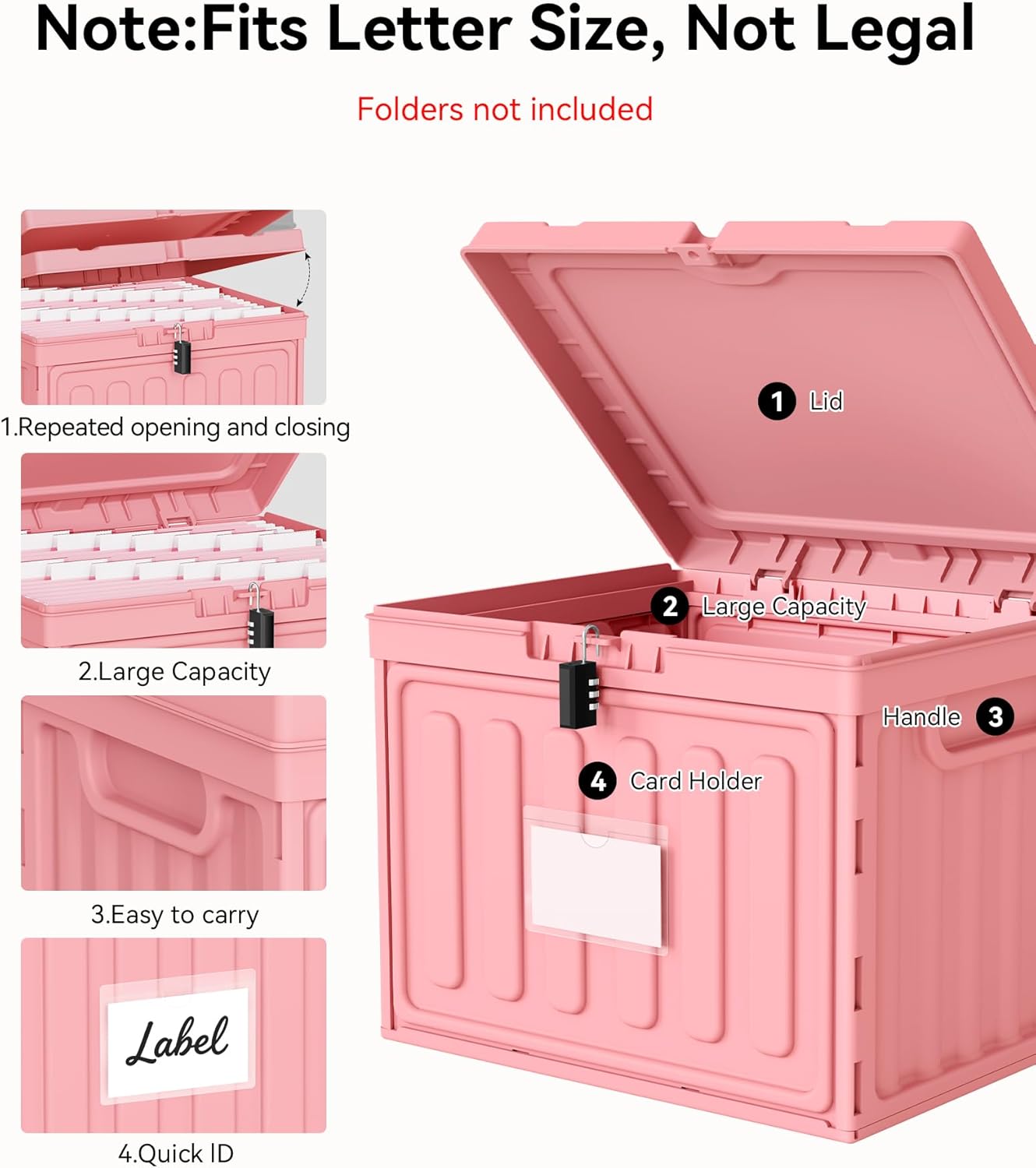 Oterri Plastic File Box with Lid for Letter Size Hanging File Folders, Hanging File Folder Box for Home, Office, School, File Cabinet, Assembly File Organizer, Pink，Large-1 Pack Without Folders