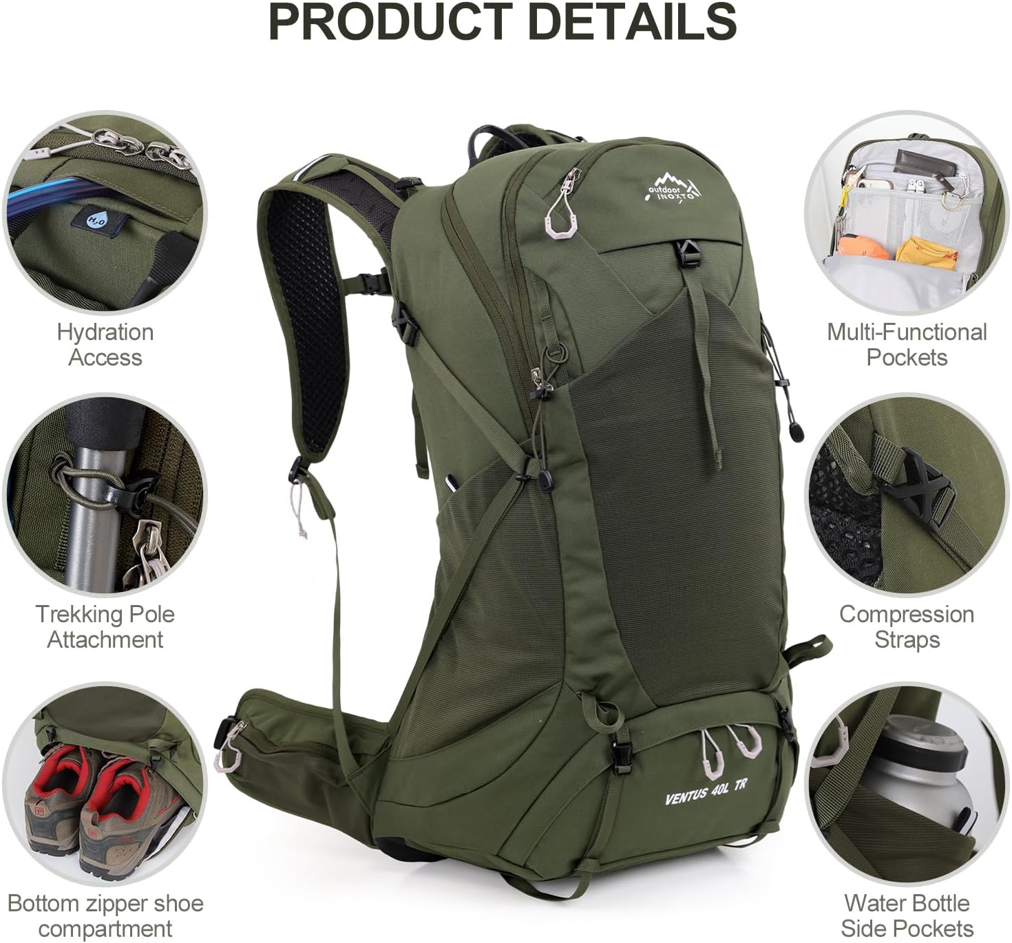 IX INOXTO Hiking Backpack, 26L/40L Waterproof Hiking Daypack with 3L Water Bladder and Rain Cover, Lightweight Travel Camping Backpack for Men Women (Dark Green) image 3
