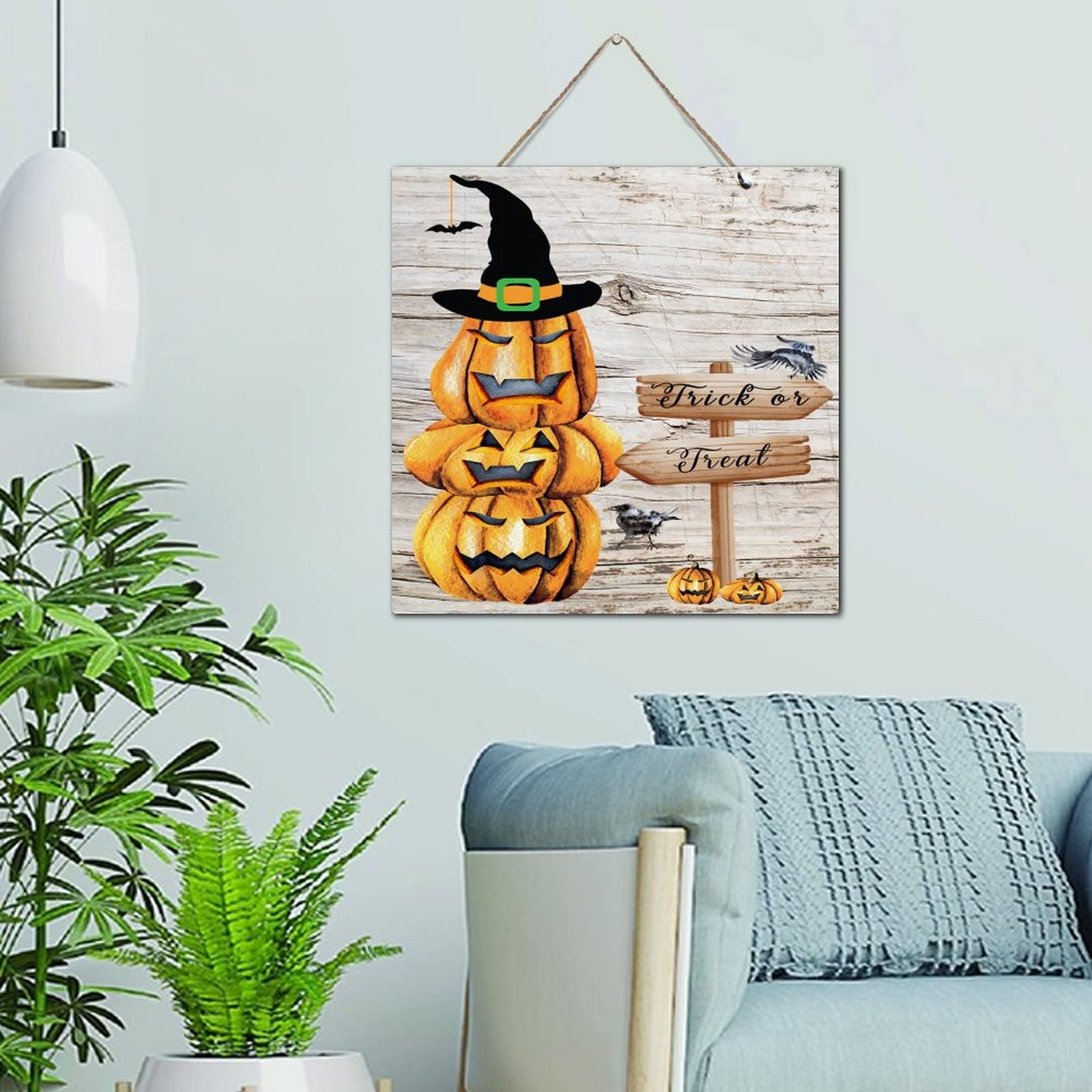 Plaque Trick or Treat Halloween en bois 30cm pour deco murale