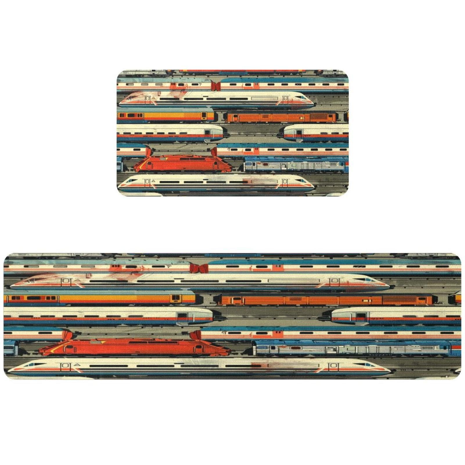 Tapete de cocina de 2 piezas VAPOKF con diseño de trenes alfombra antideslizante y lavable