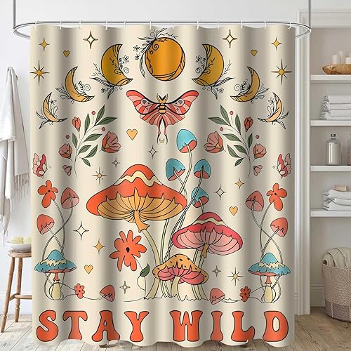 Juego de cortinas de ducha retro con diseño de hongos, estilo bohemio, estilo hippie de los años 70, 72 x 72 pulgadas, poliéster, estilo vintage,