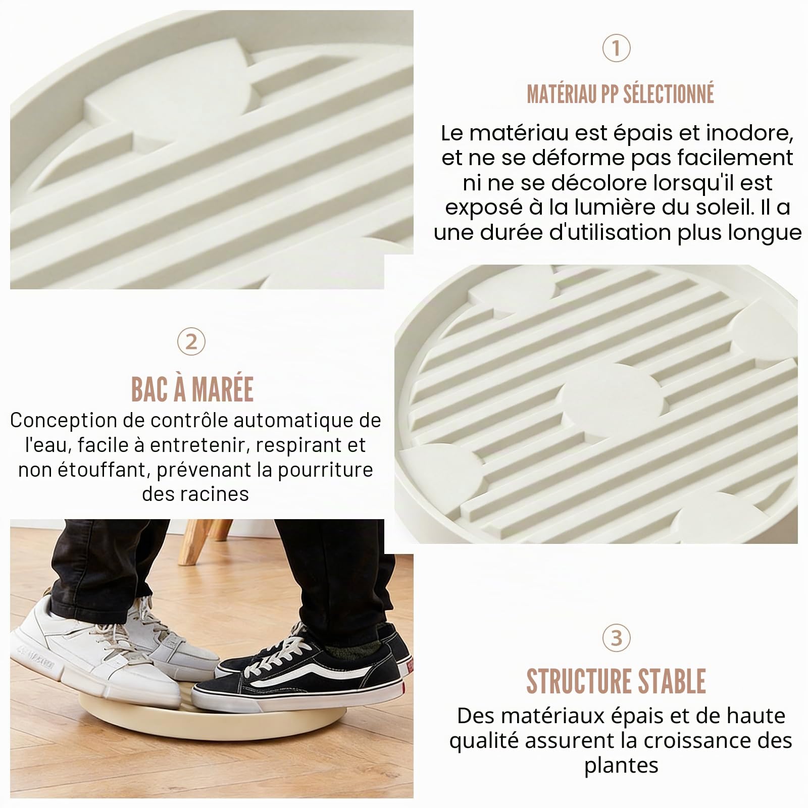 GOMETY 2 Pièces Support de Plante à roulettes Rond 31cm, Plateforme Roulante 360° avec roulettes Invisibles, Charge 75 kg, Plastique Durable pour Pots de Fleurs Intérieur/Extérieur, Blanc Cassé