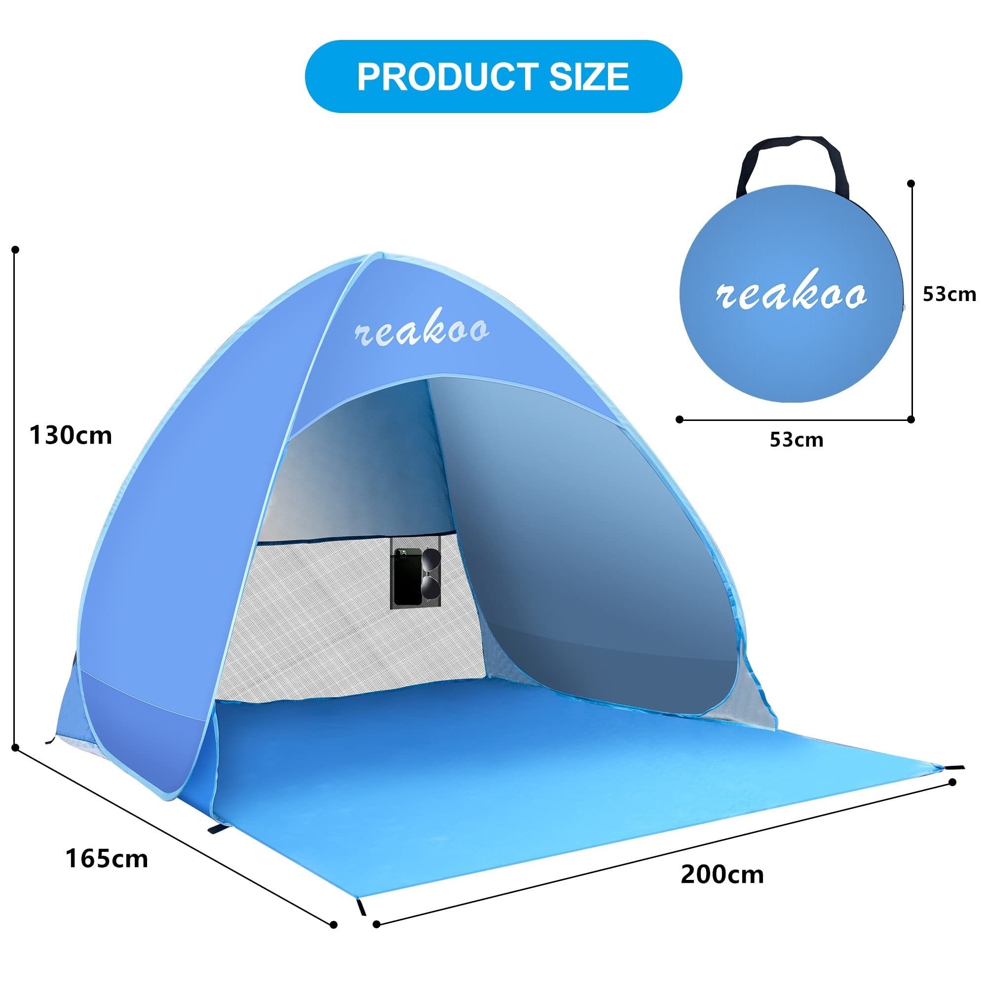 Tente de Plage Automatique, Portable Abri de Plage Pop Up, Tente Anti UV, Protection Solaire UV UPF 50+ pour 3-4 Personnes