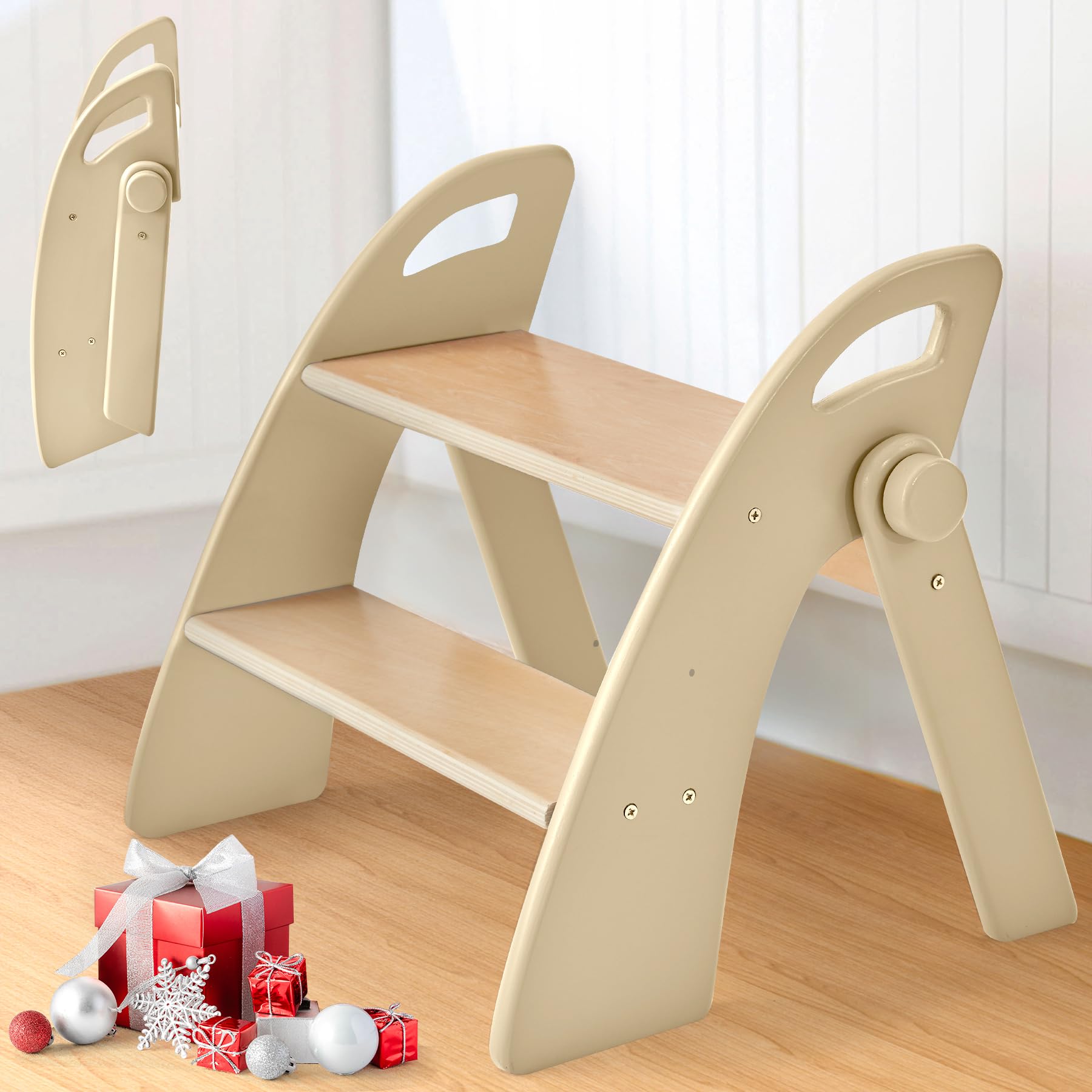 Reeple Wooden Step Stool, 300 lb. Load Capacity, with Safety Non-Slip Pads and Handles, Bamboo Step Stool for Bathroom and Kitchen, Gift for Christmas