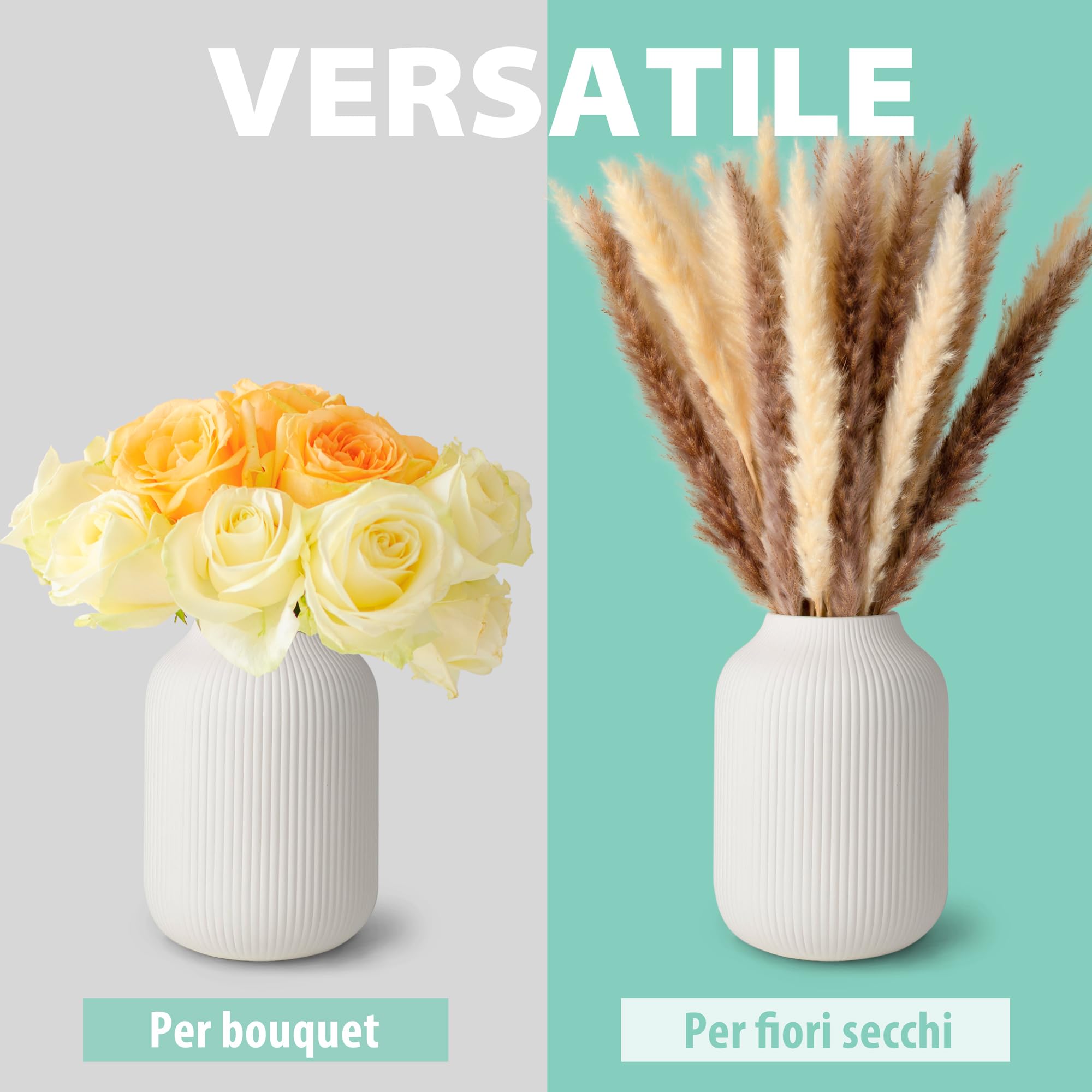 Flature vaso in ceramica con scanalature – fiore bianco opaco impermeabile per fiori recisi e secchi, erba della pampa, vaso grande 20 cm, regalo per soggiorno