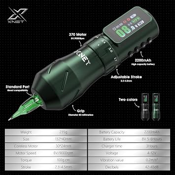 Tattoo Gun Kit - Xnet Wireless Tattoo Machine with 7-Level Adjustable Strokes, Coreless Motor Tattoo Gun with 2200mAh Battery, 20pcs Mixed Sizes Cartridge Needles for Starter