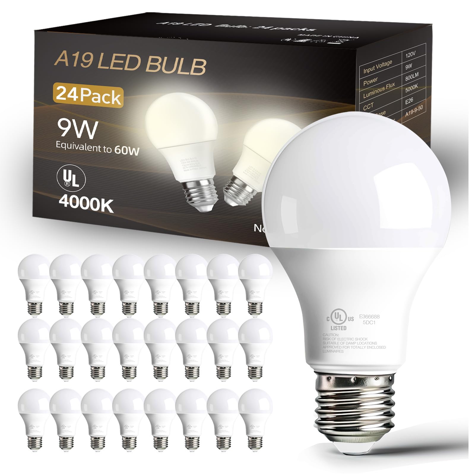 dalattin 24 Pack LED Bulbs Natural White 4000K, 60 Watt Equivalent A19 Standard Bulbs, E26 Base, 800 LM, Efficient 9W Energy Saving, Non-Dimmable, 80+ CRI, 120V, UL Listed, for Living Room, Office