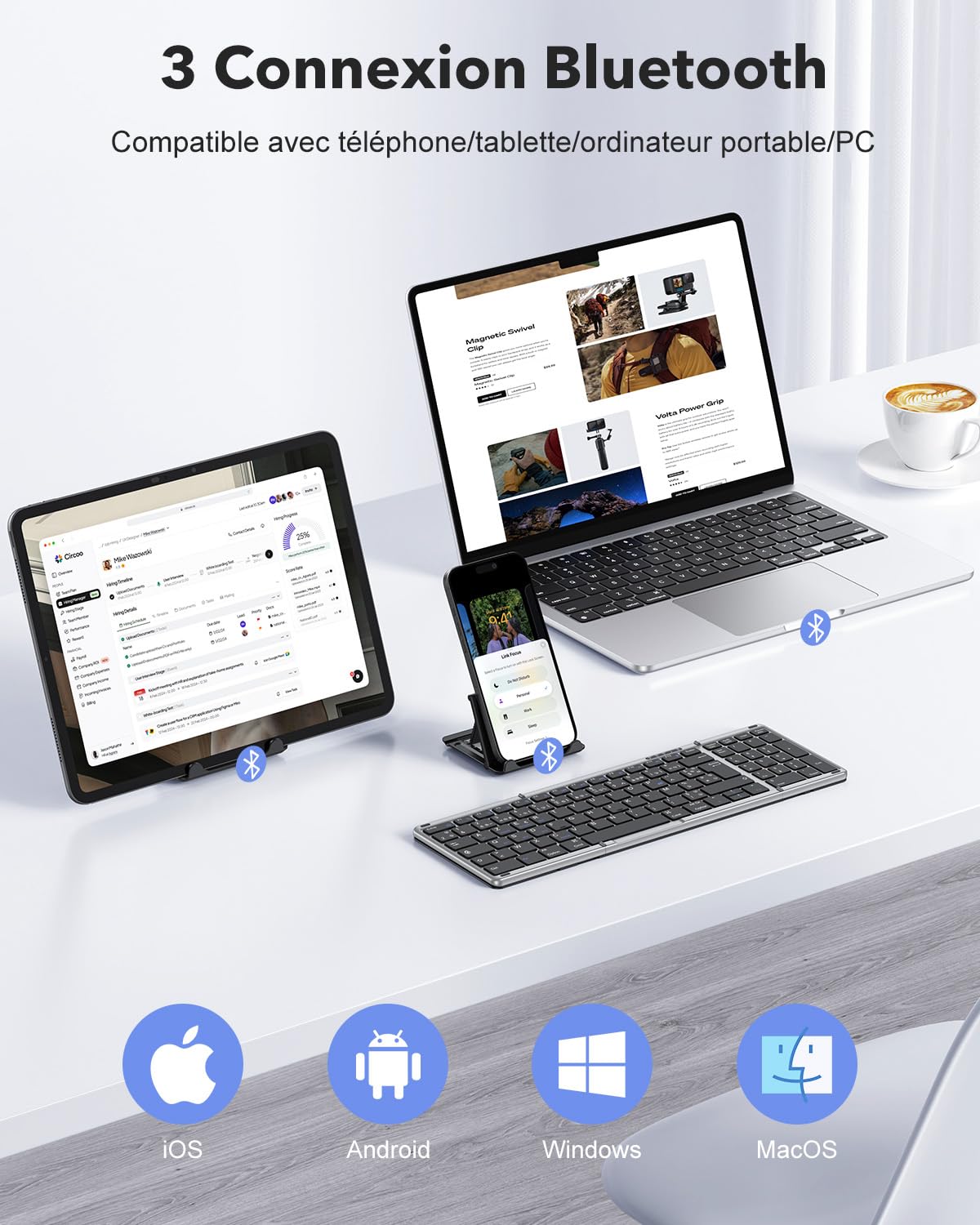 OMOTON Clavier Bluetooth Pliable avec Pavé Numérique, Clavier sans Fil AZERTY Rechargeable, Pleine-Taille, Portable Keyboard pour Android Windows iOS Mac iPad Tablette PC, Gris sidéral | Rechargeable, Multi-appareils, Portable, 60h Autonomie, Support inté