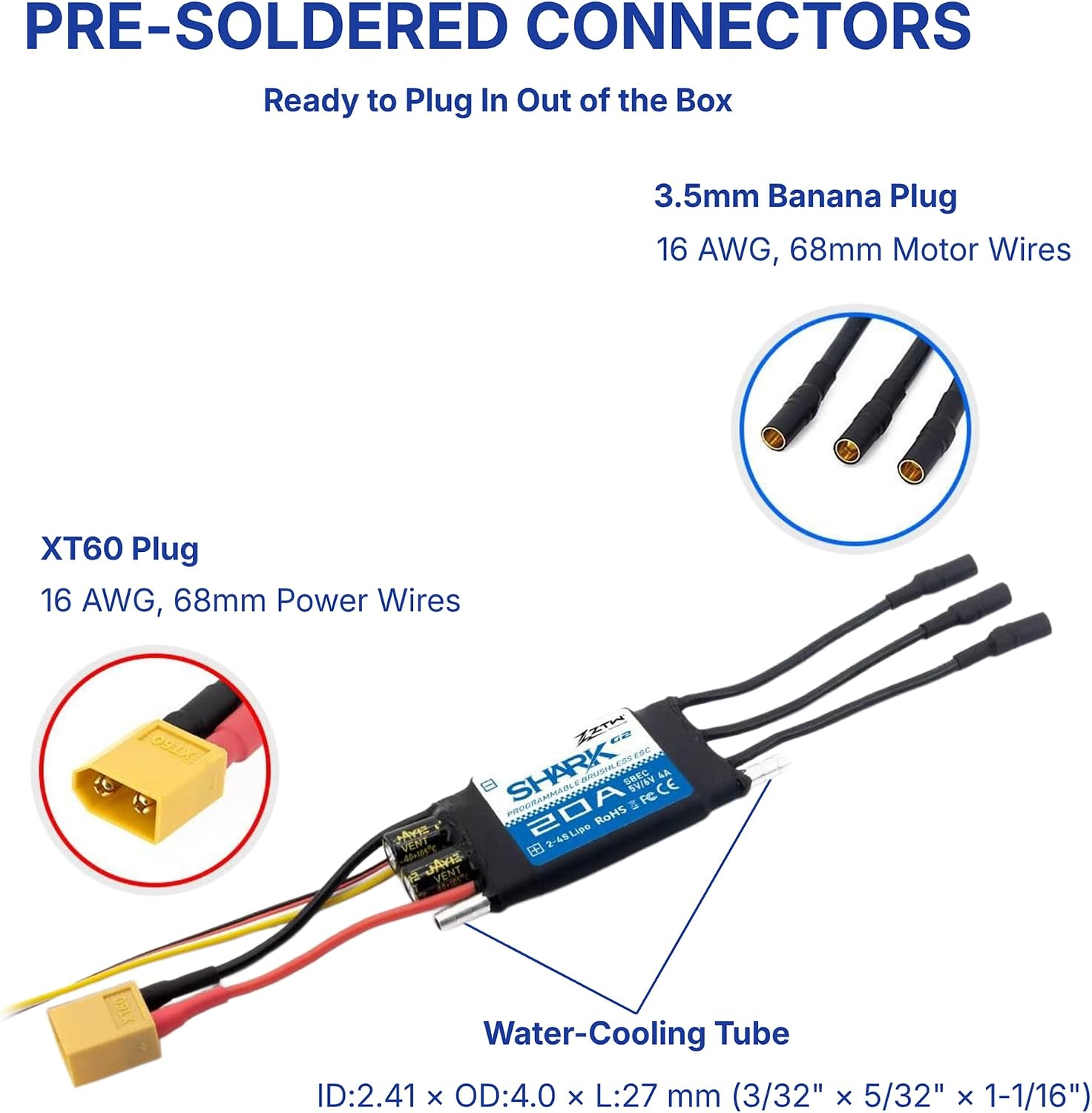 ZTW Shark G2 20A ESC 2-4S Built-in Swithcing BEC 5V/6V 4A Water-Cooling Bidirectional Waterproof Brushless Speed Controller for RC Boat Marine