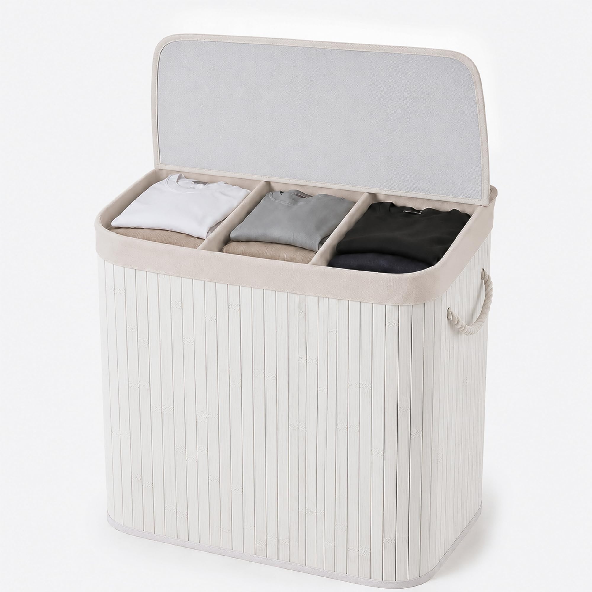 RAVQENIA Bamboo Laundry Basket with Lid, 3 Compartments 140L Laundry Hamper