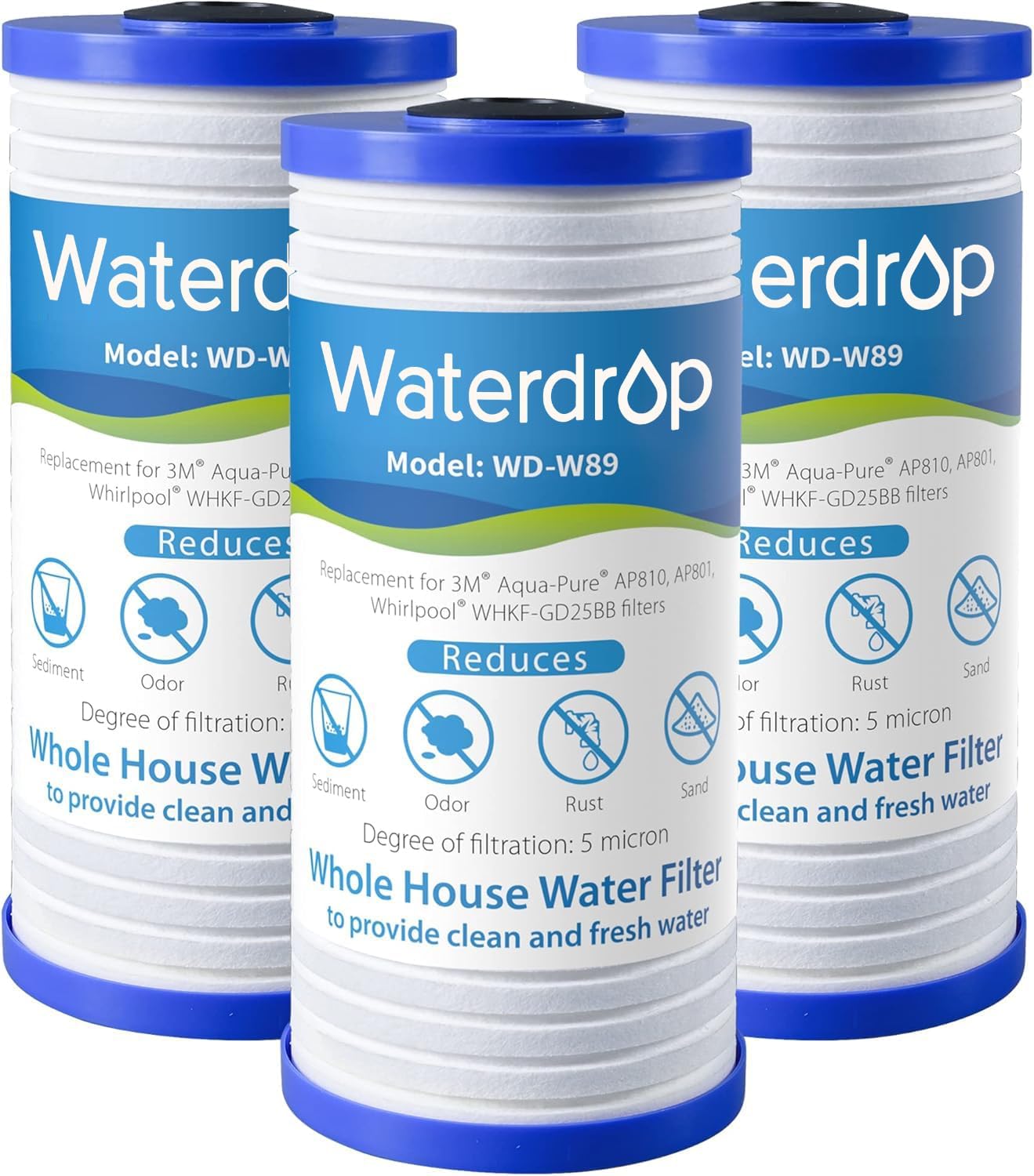 Waterdrop AP810 Whole House Water Filter, Replacement for 3M® Aqua-Pure® AP810, AP801, AP811, Whirlpool® WHKF-GD25BB, WHKF-DWHBB, 5 Micron, 10" x 4.5", Well &amp; Tap Water Filter, Pack of 3