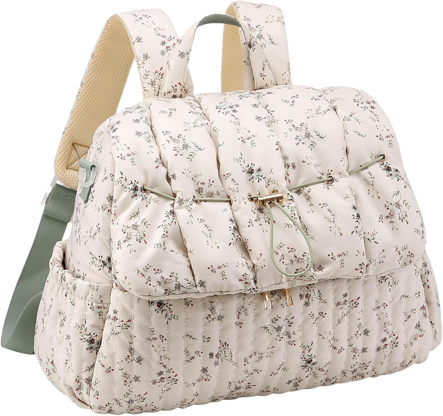 YFGBCX Floral Quilted Diaper Bag Backpack for Mom Multi-Functional Travel Baby Bag with Stroller Straps Maternity Purse (Green)