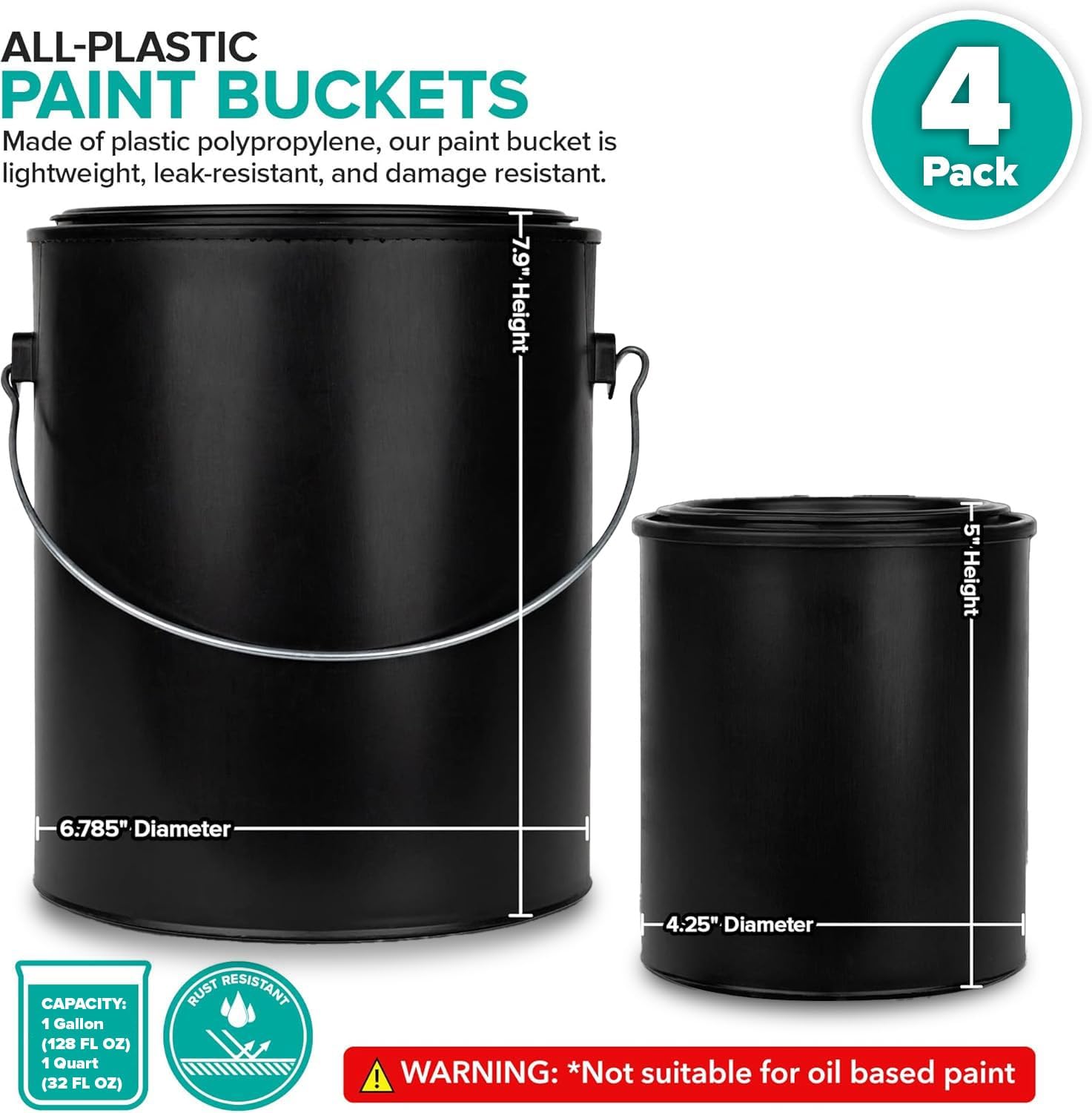 1 Quart & 1 Gallon Plastic Paint Buckets (4 Pack Combo) Triple-Lock Airtight Seal to Minimizing Skimming, Rust, Odor & Chemical Resistant- (2X 32 Fl Oz & 2X 128 FLoz) Plastic Paint Can + Snap On Lid - Image 2