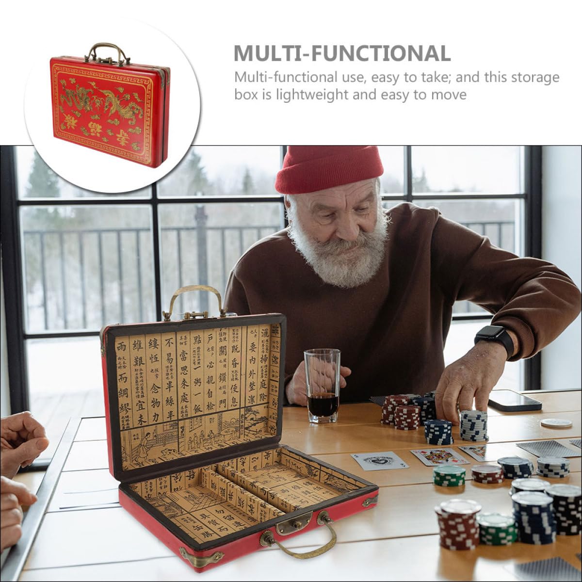 VALICLUD Caja de Almacenamiento de Madera y Pu Cierre Hermético Resistente y Ligera para Mahjong Vintage Adecuado para Viajes y Uso en Tiendas
