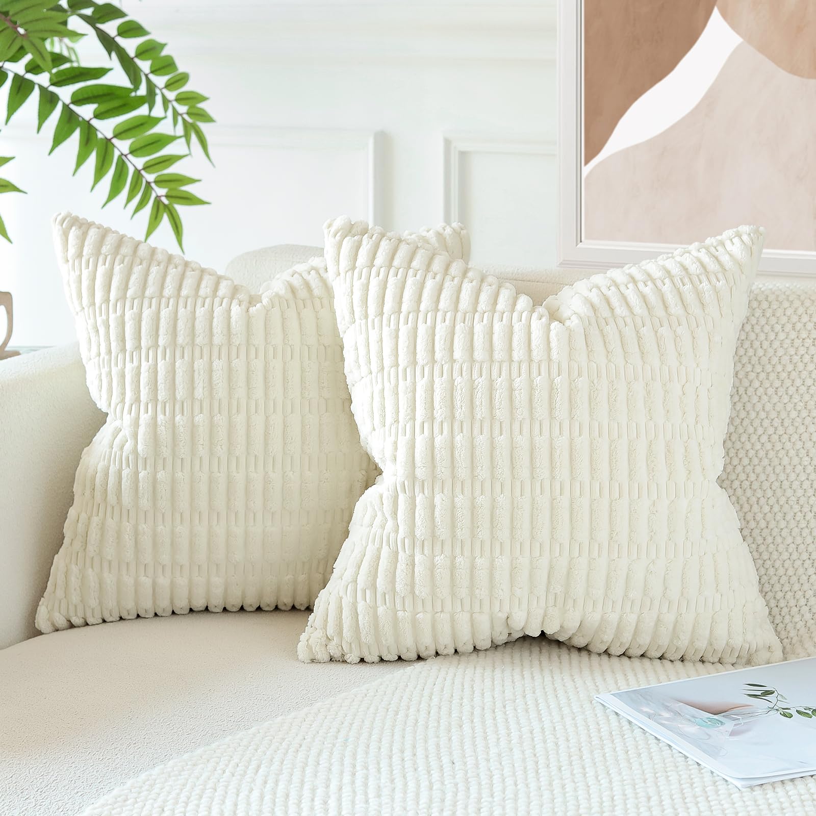 JOTOM Pack of 2 Corduroy Soft Striped Cushion Covers 40x40 cm 16x16 Inch Boho Decorative Throw Pillow Covers Square Cushion Case Home Decor Pillow Cases for Couch Sofa Living Room Bed (Cream White) - Image 3