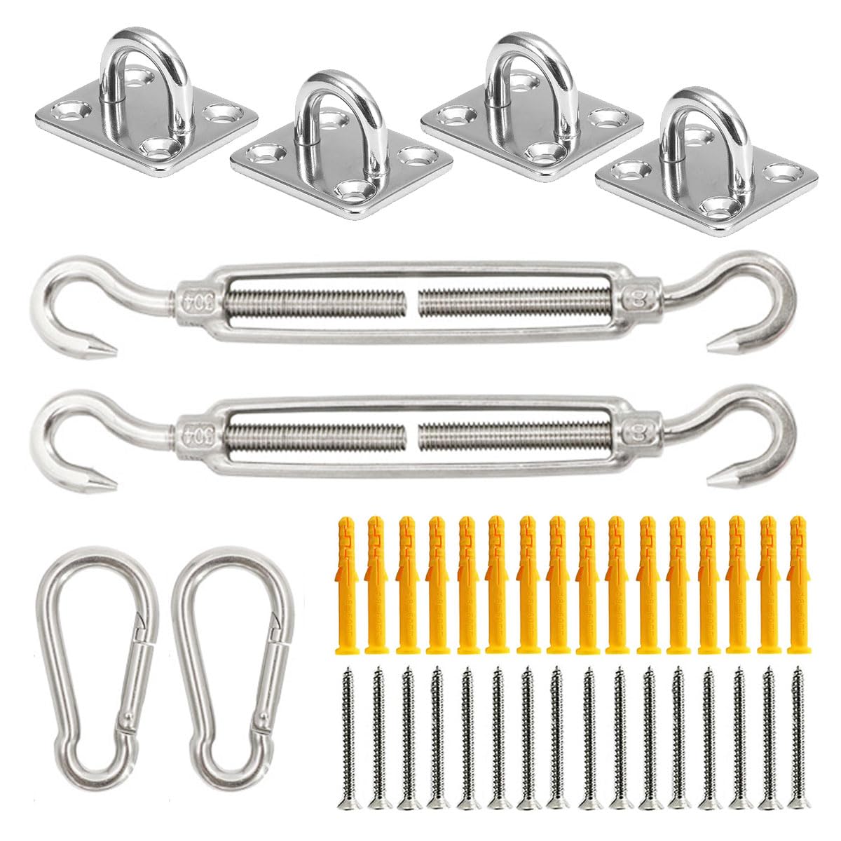 Sun Shade Sail Fixing Kit - M6 Heavy Duty Hardware Set with 304 Stainless Steel, Adjustable Turnbuckle & Wall Brackets for Garden Triangle & Square Shades