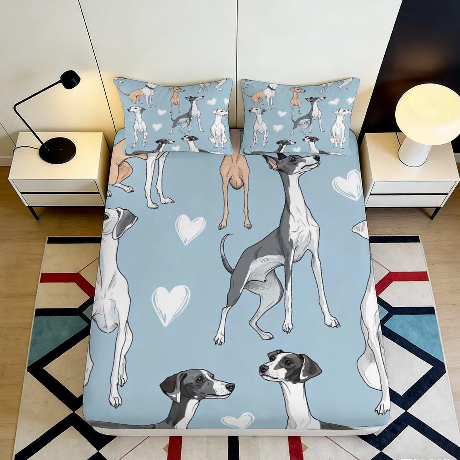 3D Printed Greyhound Dog Fitted Sheet Microfiber Anti-Slip Blue Cartoon Bed Cover for Bedroom Guest Room Mattress Protection Decor 160x200x25cm