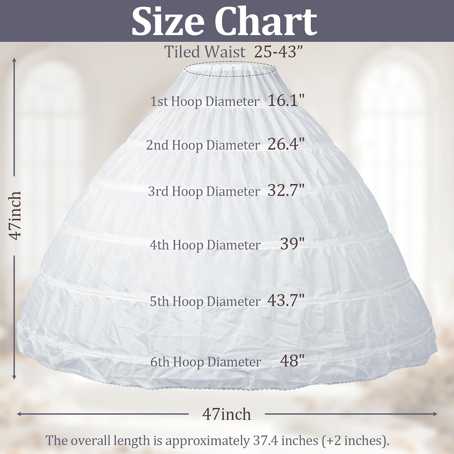Women Crinoline Petticoat 6 Hoop Skirt for Women Under Dress, Adjustable Petticoat Skirt, Crinoline Underskirt for Wedding Gown, Ball Gown, and Formal Dresses White