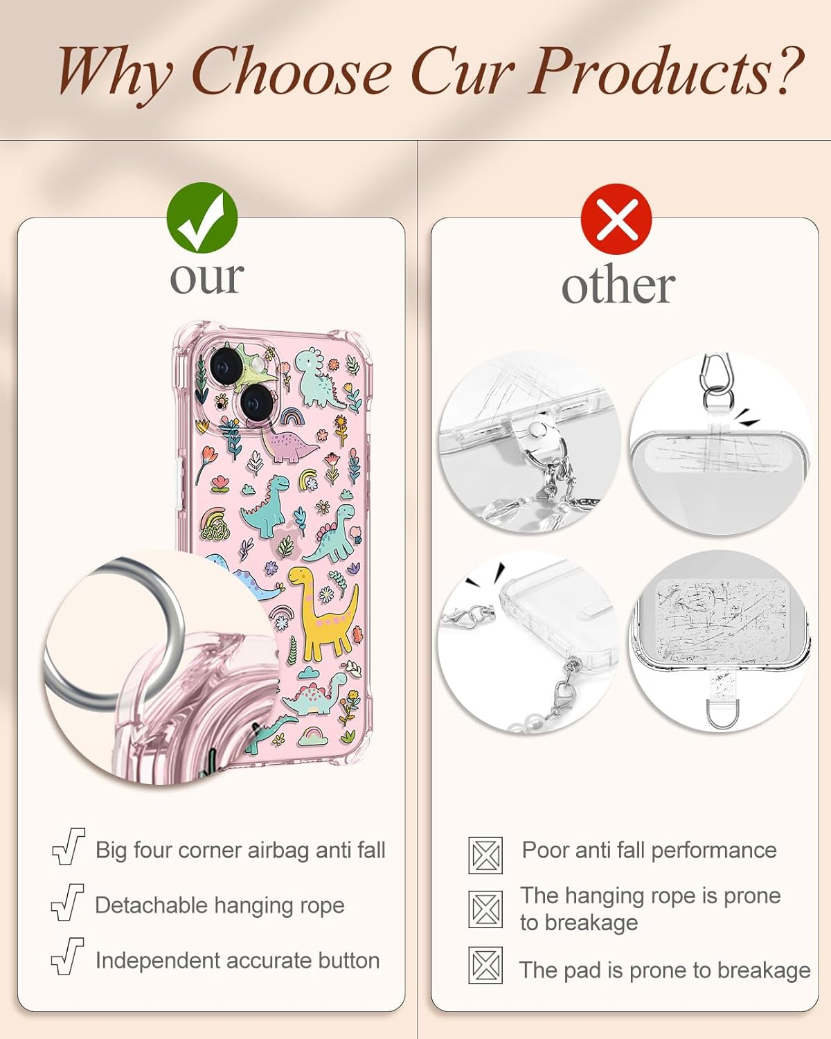 Toycamp for iPhone 15 Plus Case with Strap for Women - Cute Funny Girls Girly Little Dinosaur Pattern Design for iPhone 15Plus Case with Wrist Lanyards Four Corners Flexible Hang Style - Image 4