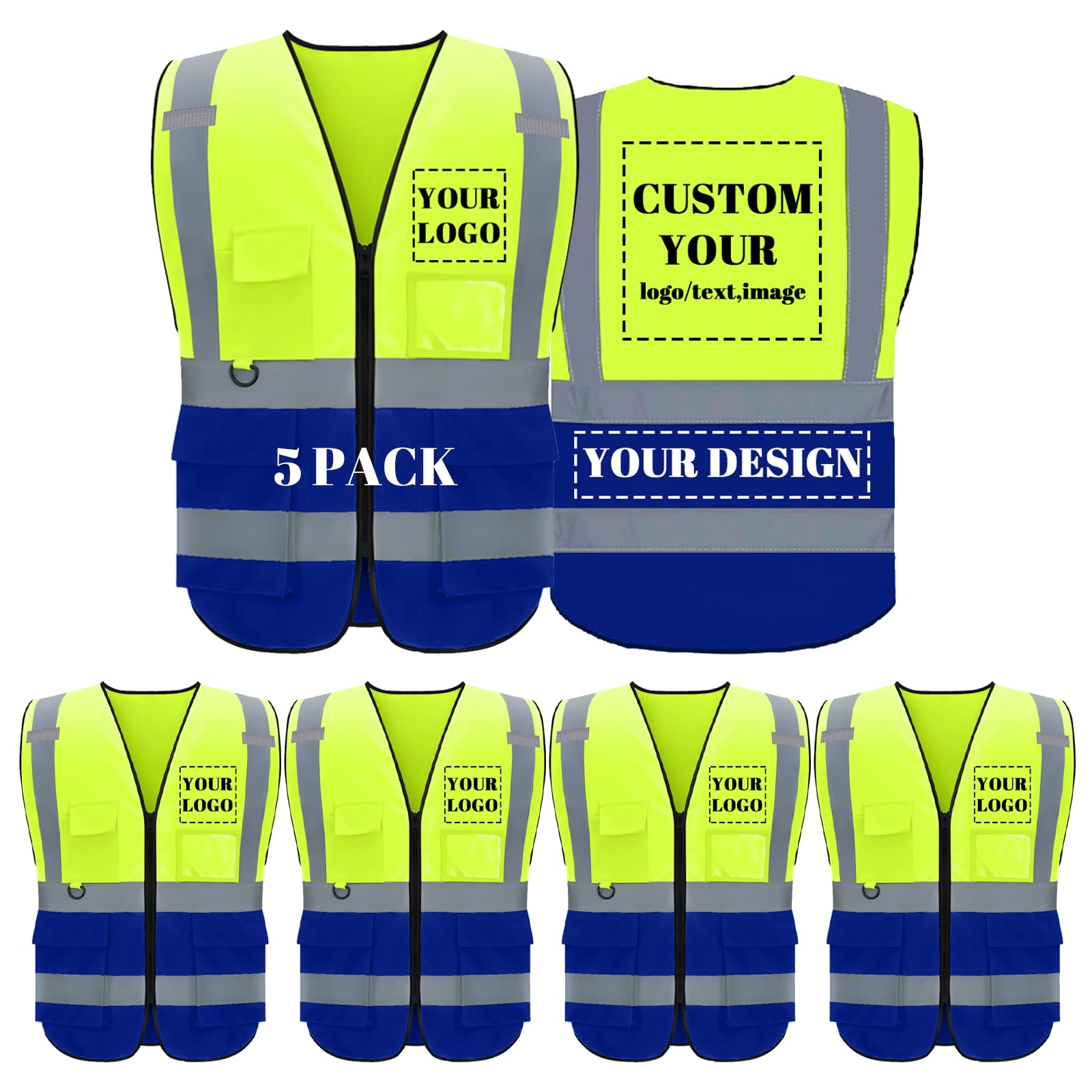 BeautyWill Custom Hi Vis Safety Vest,Class 2 High Visibility with Reflective Strips Safety Vest with 5 pockets, Construction Uniform Meets ANSI/ISEA Standards-5 Pack(010YellowBlue, M) — image 1