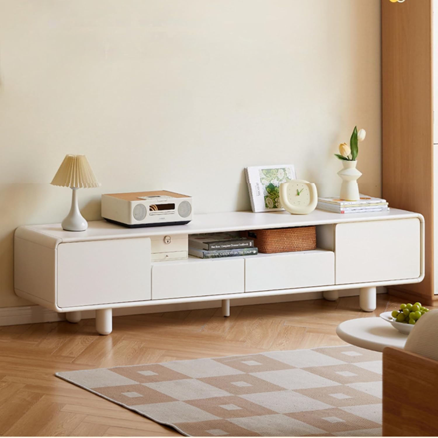 GVAwood Rubber Solid Wood French Cream Style TV Cabinet. 70.9x13.8x16.1 inch / 180x35x41 cm/White Color/TV Cabinet