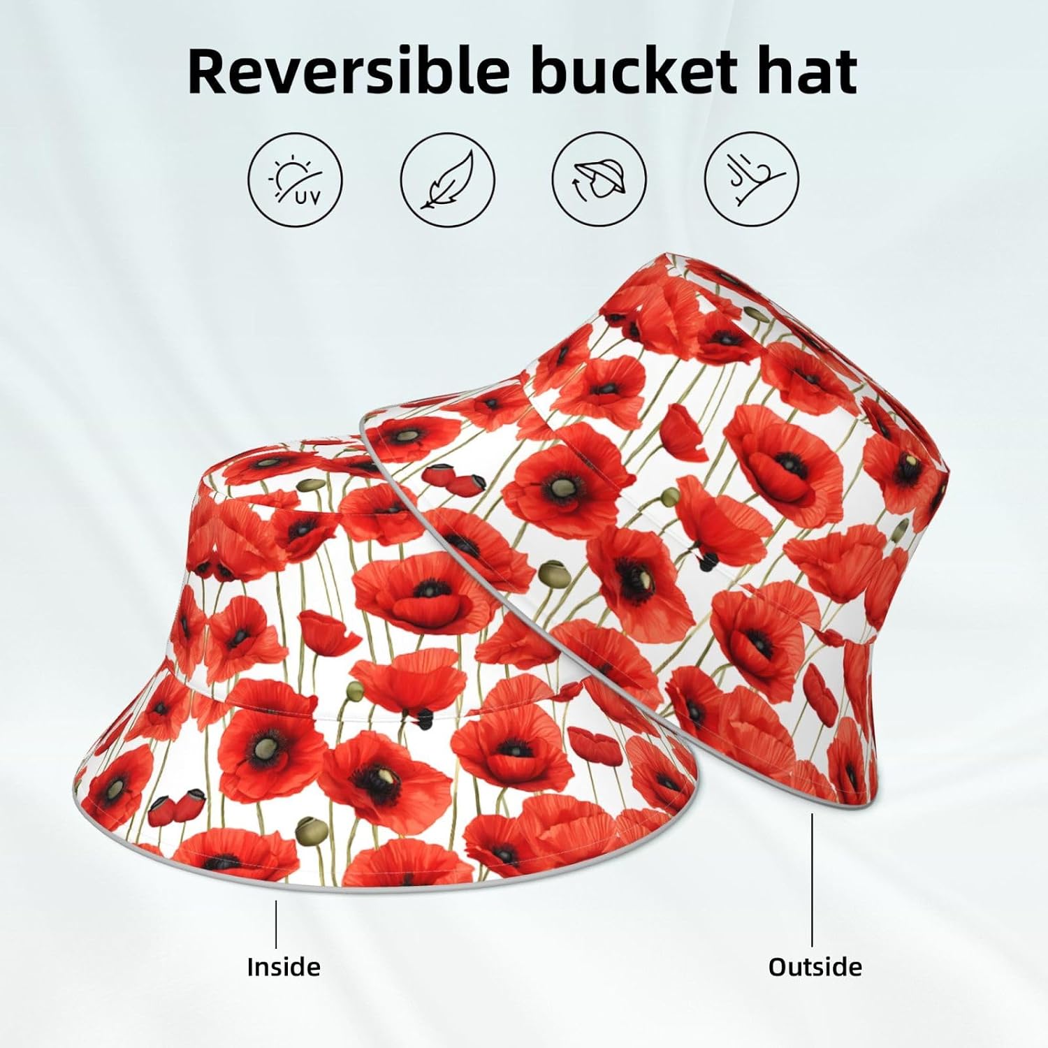 (Red Poppy Flower) Reflective Reversible Bucket Hat Foldable Breathable Stylish Two-Way Wear for Outdoor Travel Daily Activities