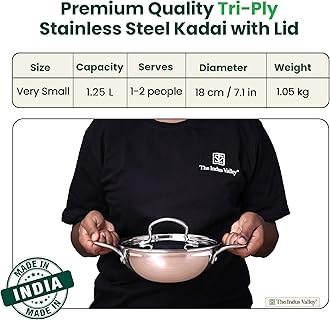 The Indus Valley Triply Stainless Steel Kadai/Kadhai with Steel Lid | 18cm/7.1 inch, 1.25Ltr, 1.05kg | Induction Friendly | Nonstick 3-Layer Body, 100% Toxin-Free, No Chemical Coating