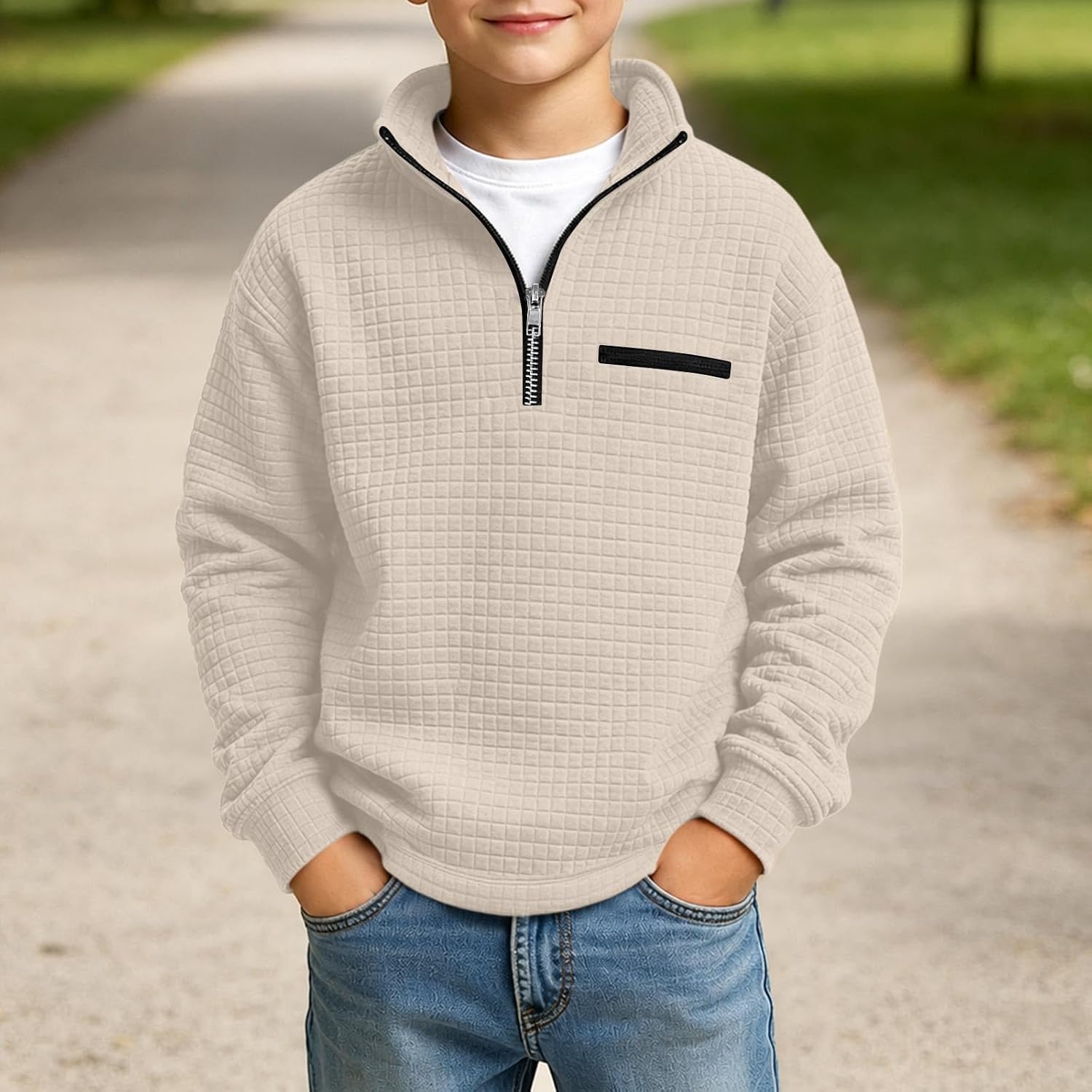 Boys Waffle Pullover Half Zip Sweatshirt Pocket Warm Top