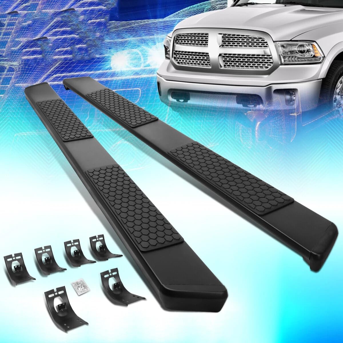 2Pcs Fixed Running Boards Side Steps Foot Protector Bar with Brackets Black Fits for Dodge Ram 2013-2018