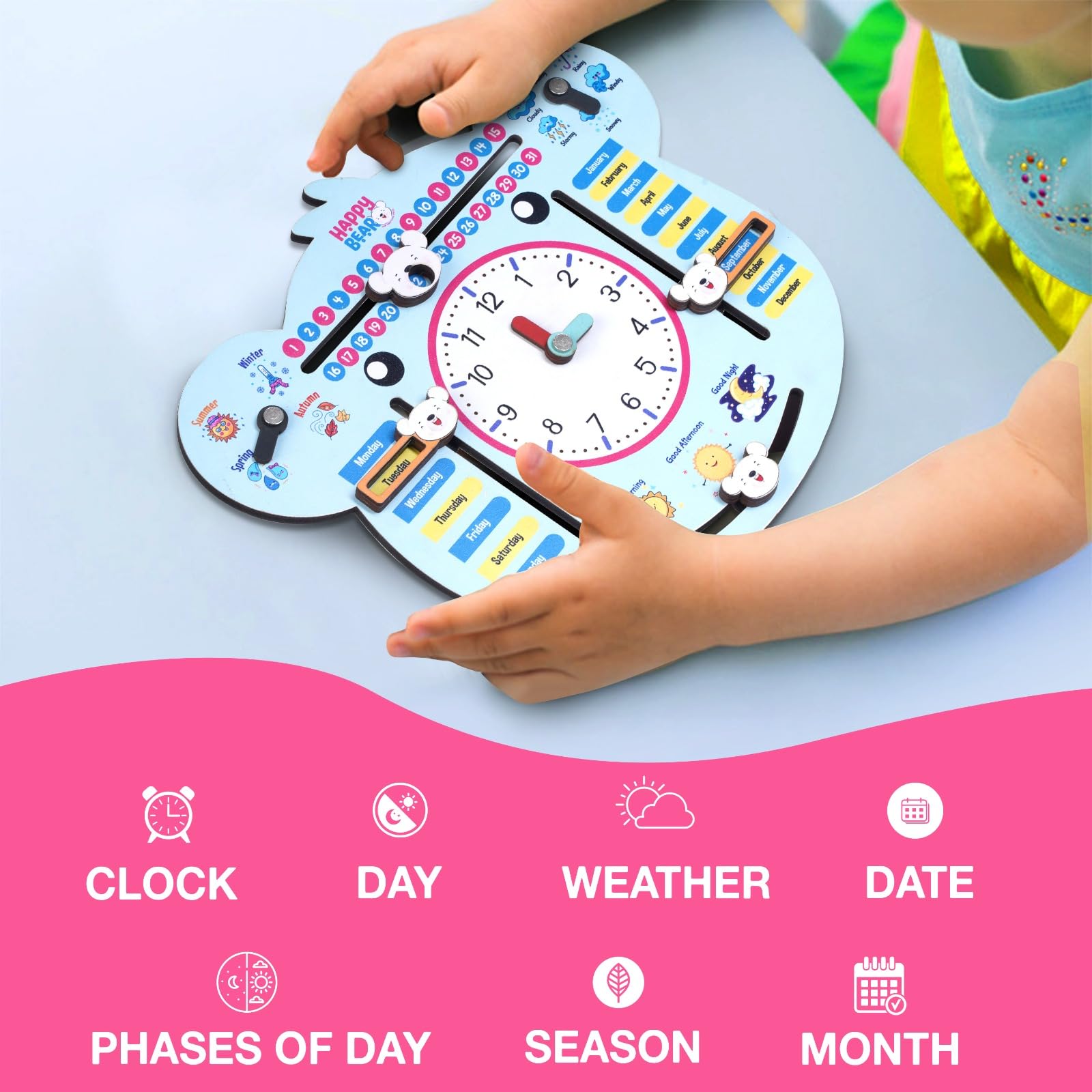 Happy Bear 7in1 Multifunctional Wooden Calendar Clock for Kids Educational Learning Clock Toy for Toddlers Boys and Girls Preschool Learning Tool Kids Teaching Clocks for 3+ Years(Multicolor) - Image 4 thumbnail