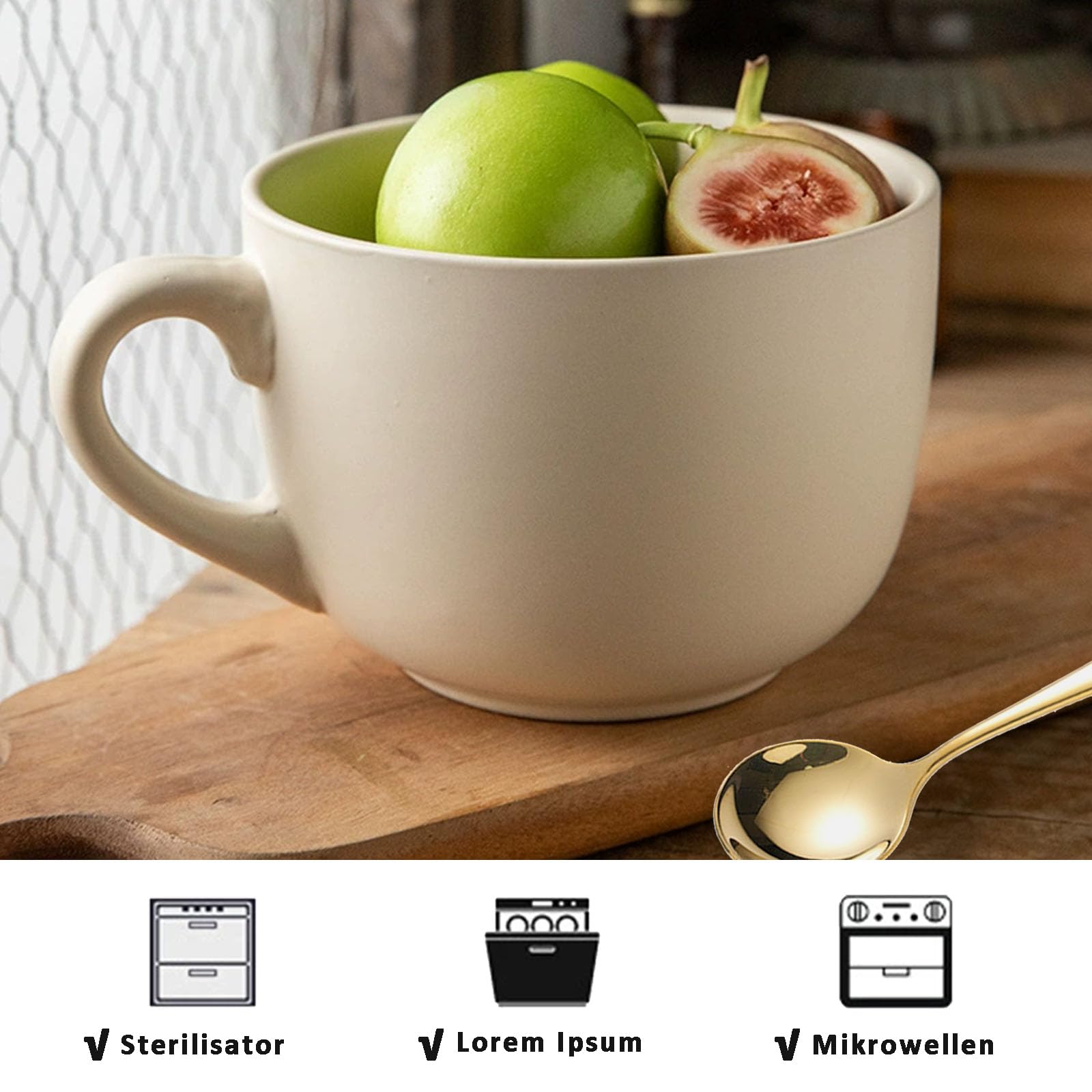 Groß Tasse Müslischalen mit Henke, 800ml Kaffeetass Groß Keramik, Kaffeetass großs Keramik mit Löffee, Suppenschüssel mit Henkel, für Milch, Müsli, Obst, Eiscreme, Hellgelb