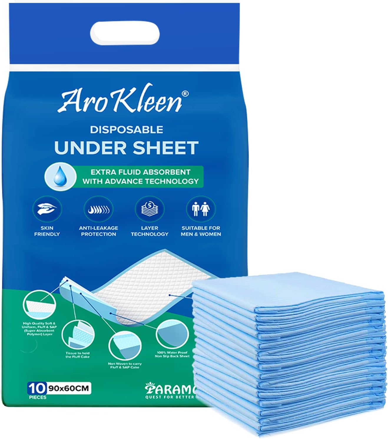 Arokleen Premium Disposable Bed Underpads Large 90x60 CM I 10 Units I Waterproof I Protects surfaces from Incontinence I Super Soft Polymer Pack of 1