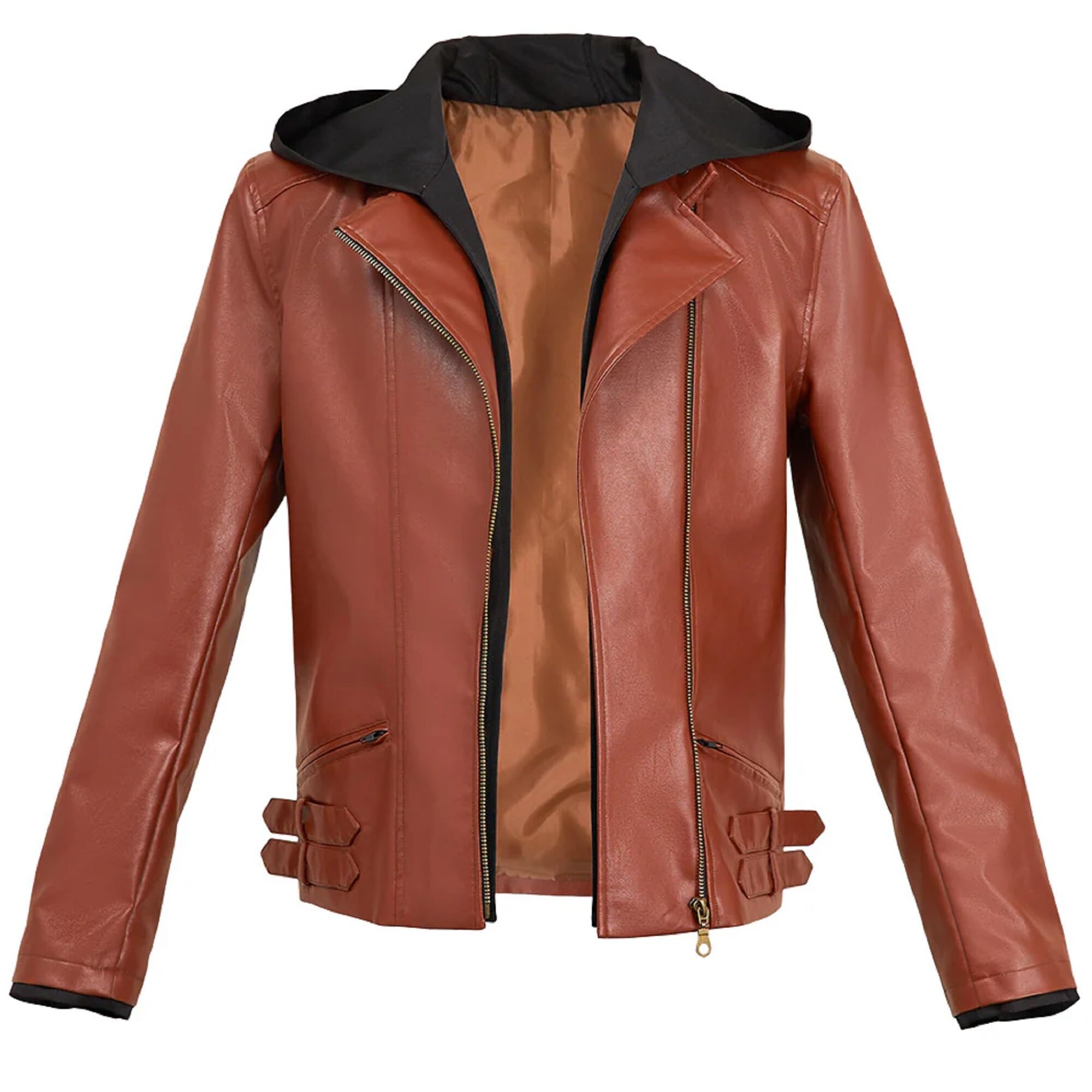 Giacca in pelle marrone con cappuccio con cappuccio da motociclista di sopravvivenza ispirata al gioco di sopravvivenza