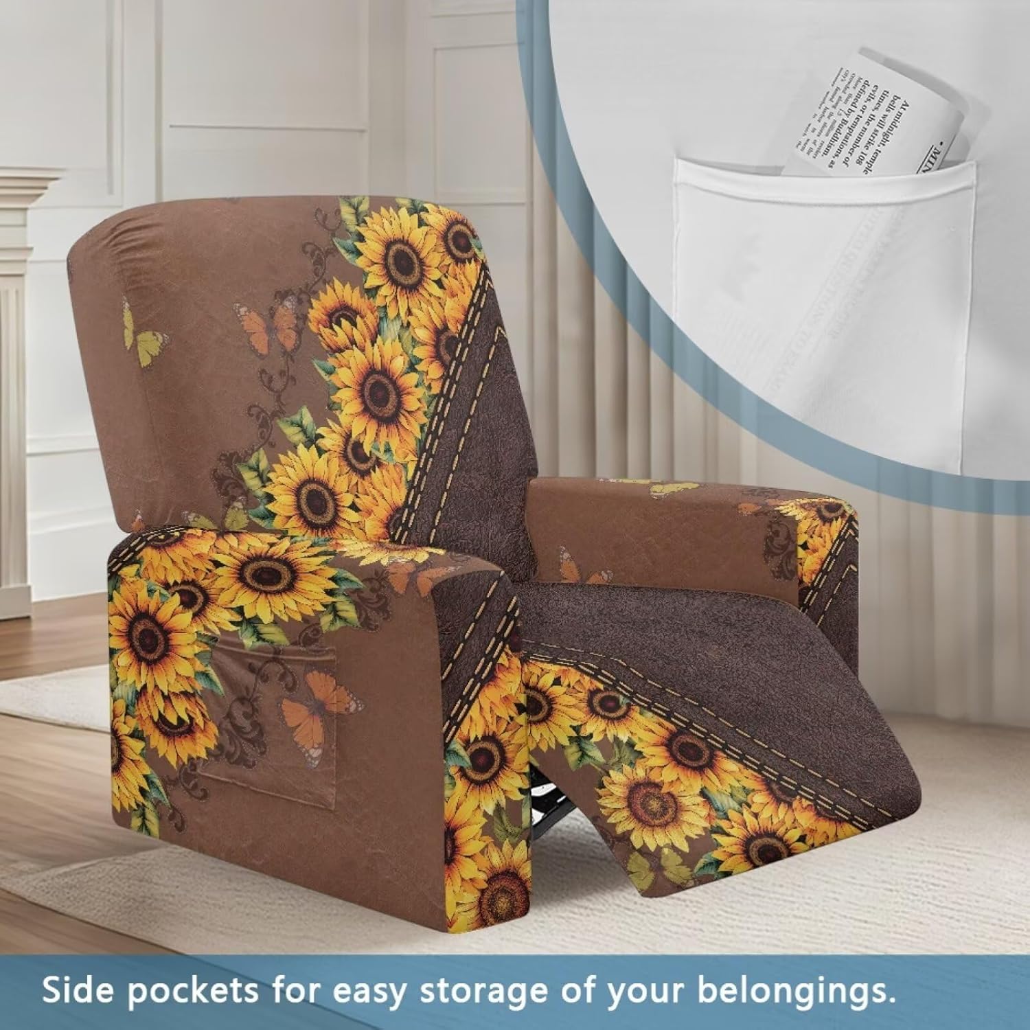 Butterfly Sunflower Leather Texture Print Chair Cover for Recliner 4-Pieces Stretch Slipcover Set Non Slip Reclining with Storage Pockets Furniture Protector Washable for Living Room