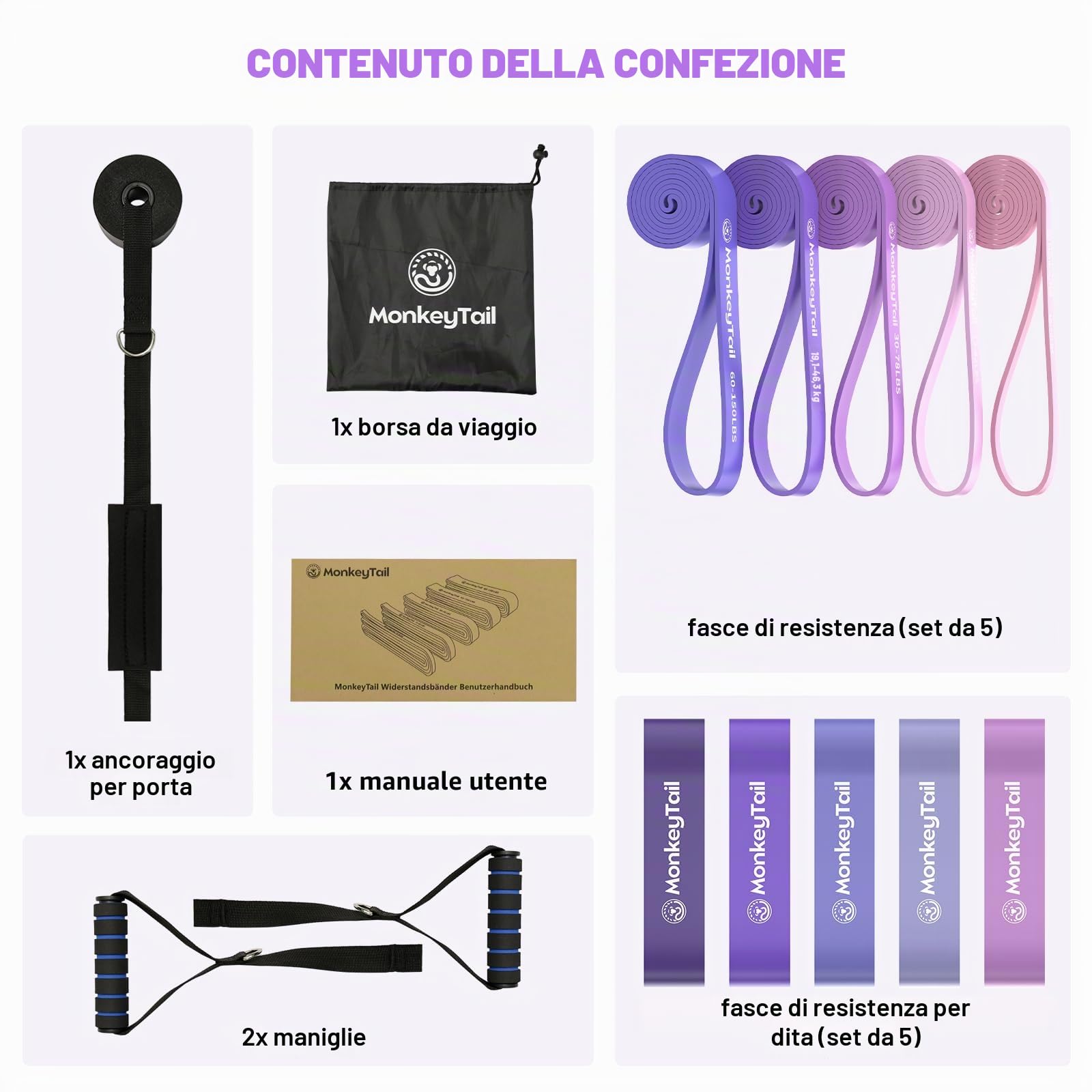 MonkeyTail Set di fasce di resistenza a 5 livelli (diverse intensità), per allenamento a casa, yoga, sollevamento pesi, trazioni, con ancoraggi migliorati e maniglie, borsa portatile, unisex