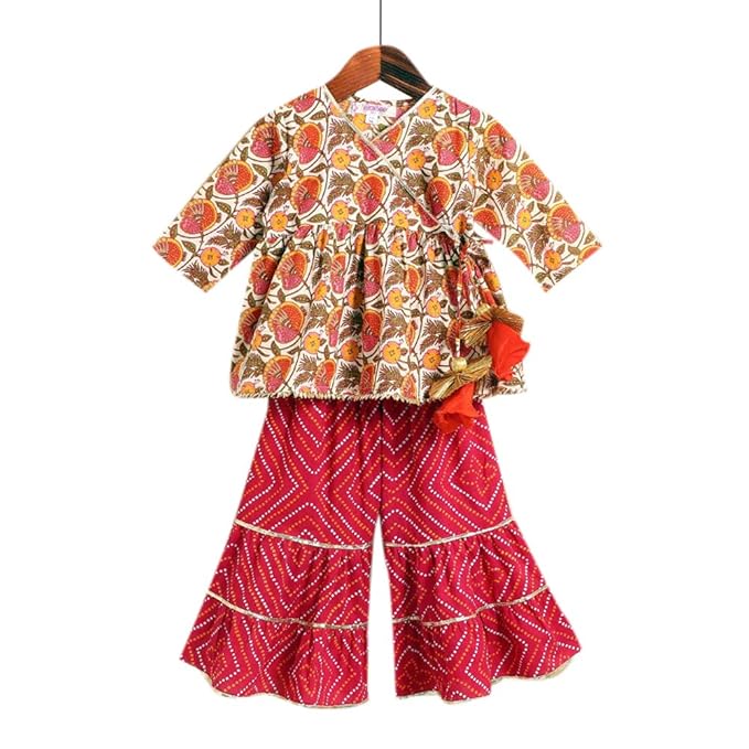 Amber By Hopscotch Girls Cotton Floral Angrakha Kurti With Sharara In Multi Color