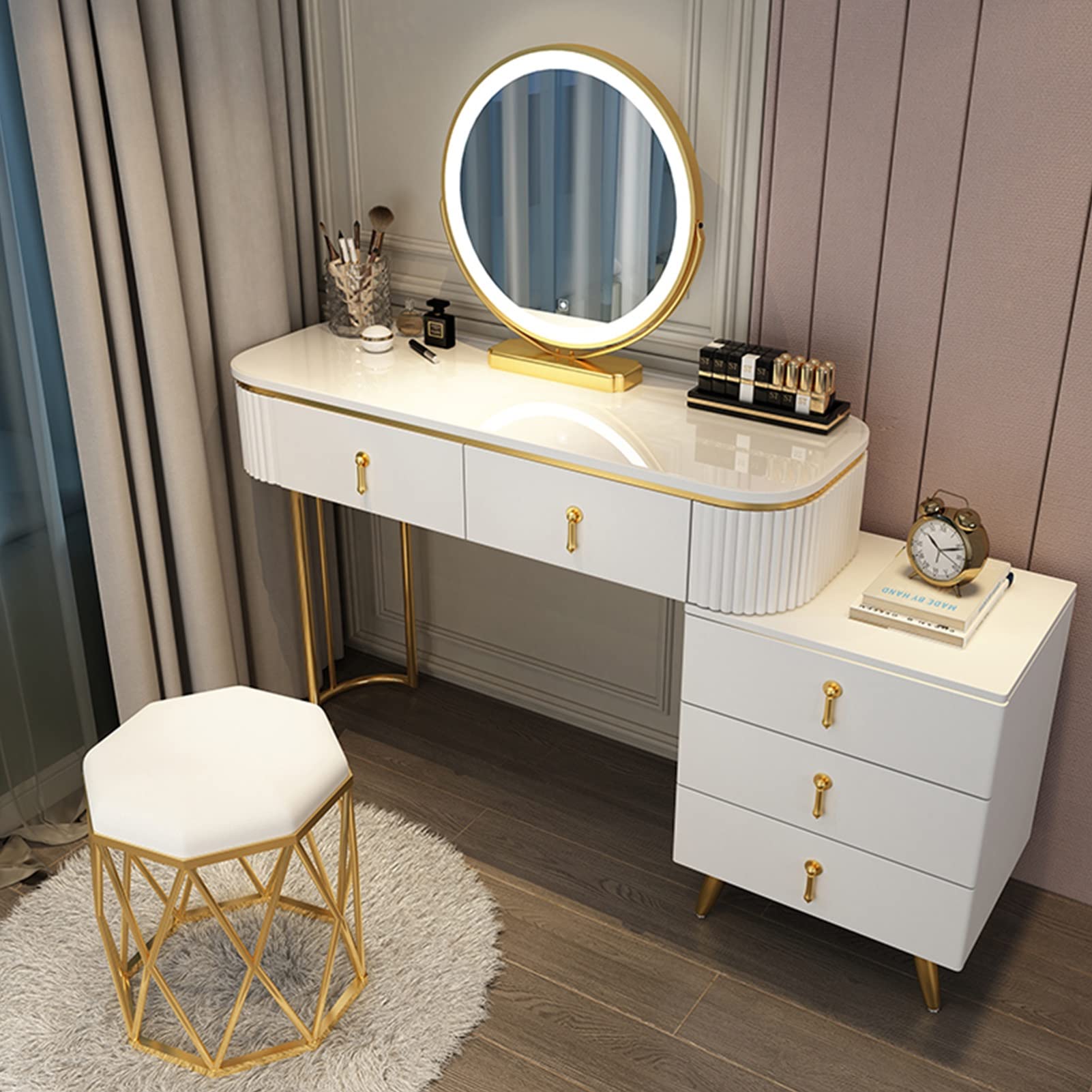 asdchZen Modern Dressing Table Set With Led Light Mirror, Movable Nightstand, Cushioned Stool, Stylish Makeup Vanity For Women & Girls-White, 100Cm/39.3In,White a-100cm/39.3in