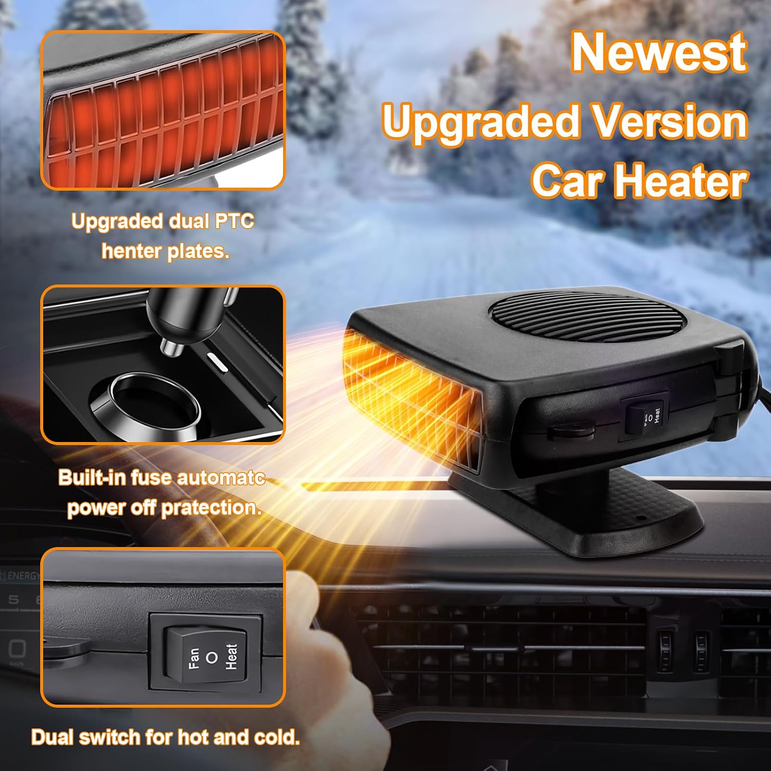 Car Heater, 12V 200W Portable Car Heater and Defroster, 2-in-1 Fast Heating Heater for Car Plug in Cigarette Lighter, 360° Car Windshield Defroster Suitable for Vehicles, Cars, RVs, and SUVs