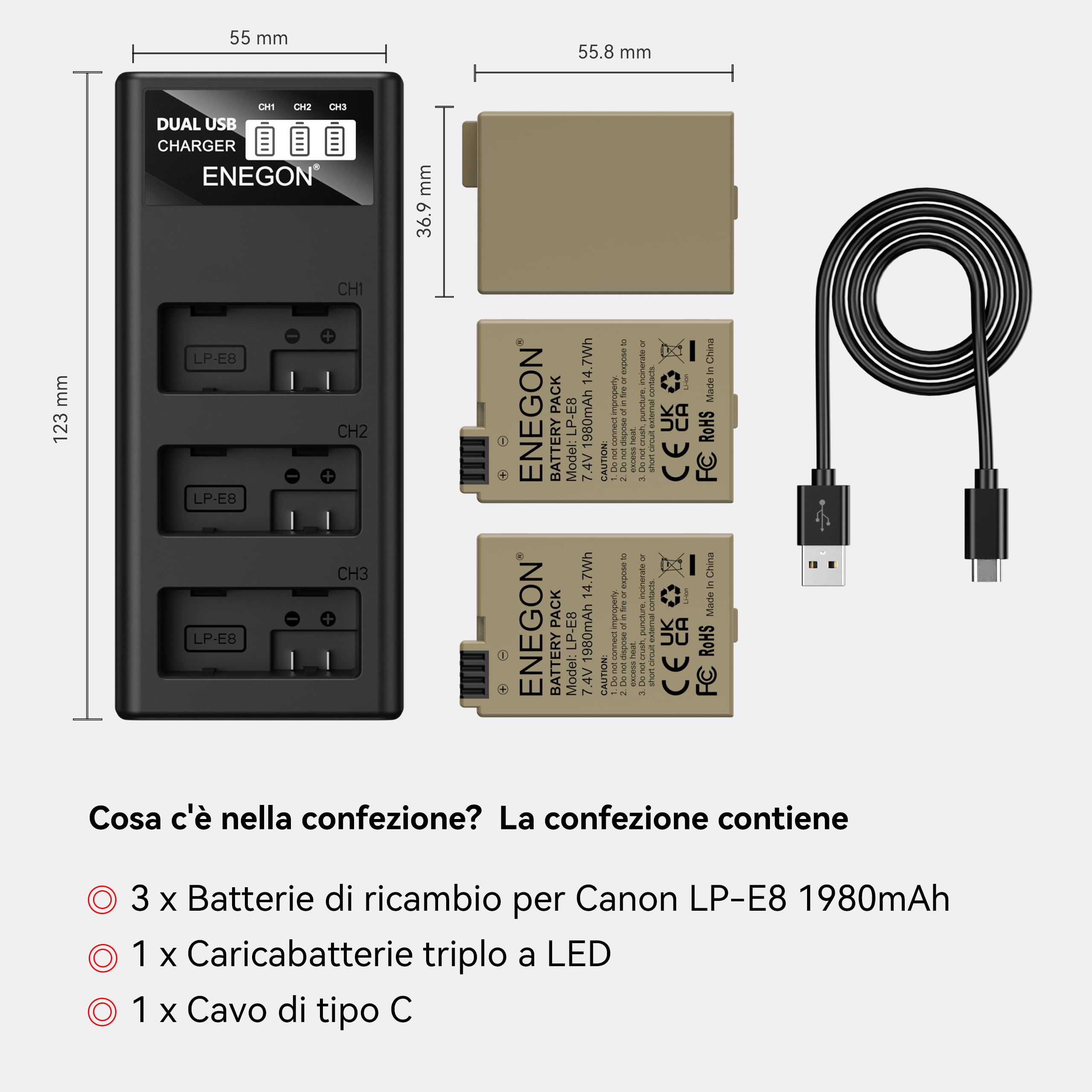 ENEGON Baterías para cámara LP-E8 Paquete de 3 (1980mAh) con cargador LED de 3 ranuras, compatible con Canon EOS Rebel T2i, T3i, T4i, T5i / Kiss X4, X5, X6i, X7i / EOS 550D, 600D, 650D, 700D