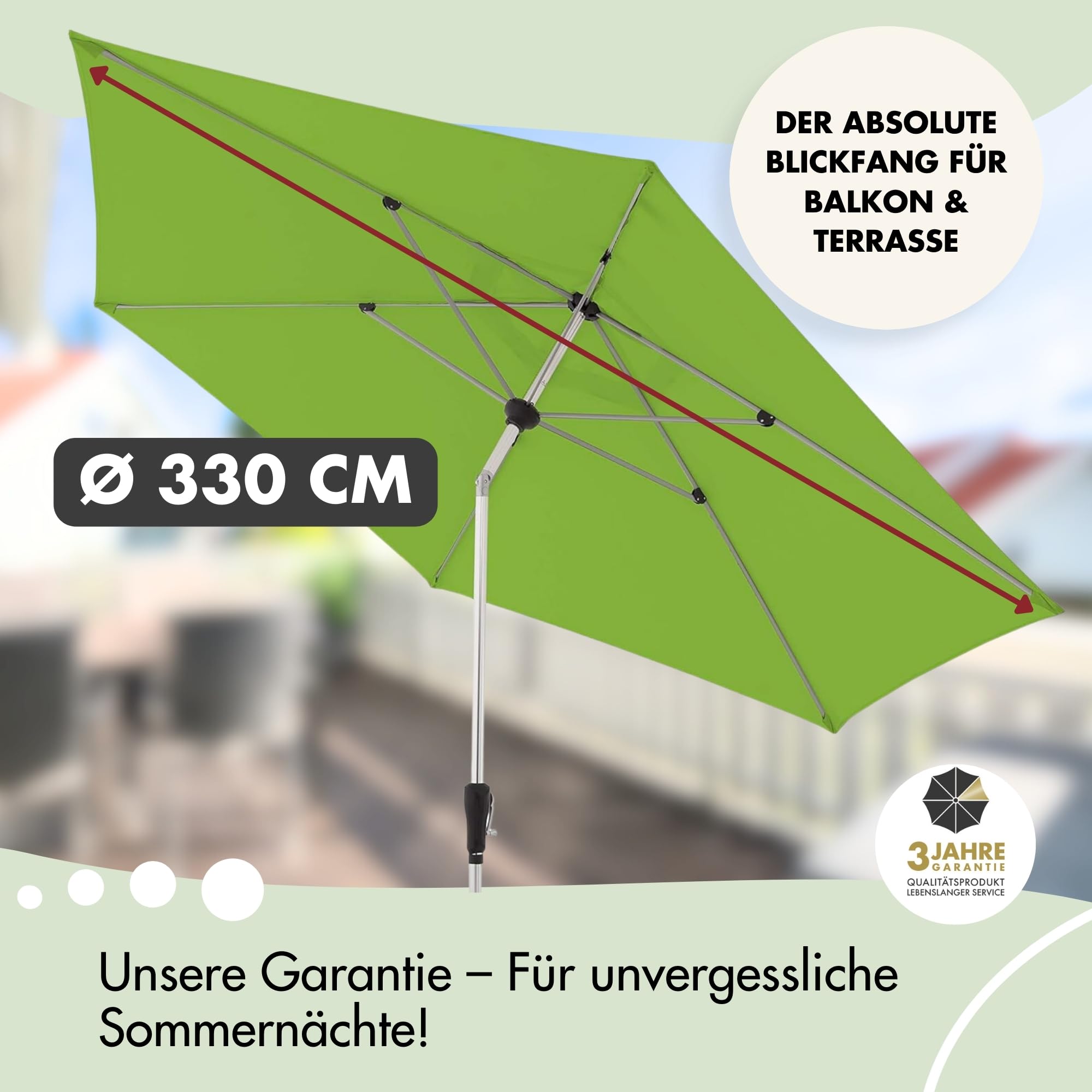 Doppler Sonnenschirm für den Garten SL-AZ Auto Tilt 330 cm Fresh Green I Gartenschirm knickbar I Kurbelschirm mit UV-Schutz 80+ I Kurbelschirm aus Aluminium I regenabweisendes Polyester-Schirmdach