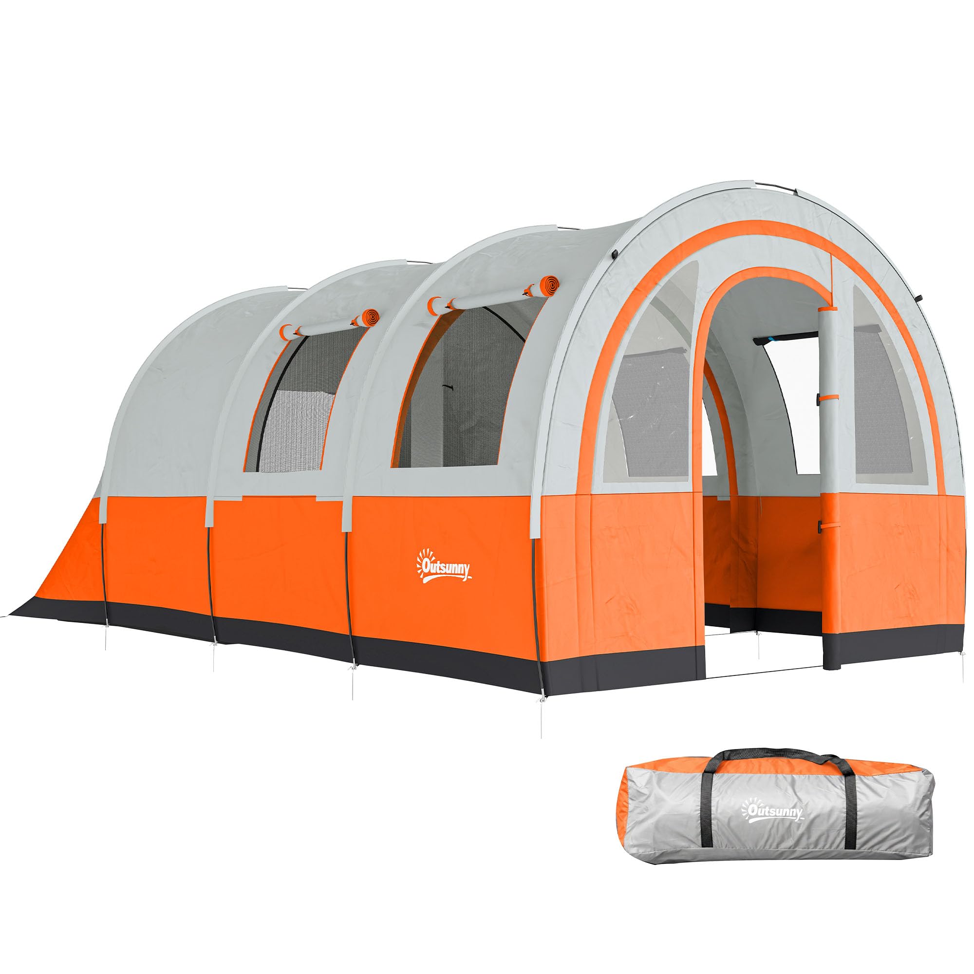 Outsunny 5-6 Man Camping Tent, 3000mm Waterproof Tunnel Family Tent Shelter with Bedroom and Adjustable Living Room, Easy Setup with Carry Bag, Cream and Orange
