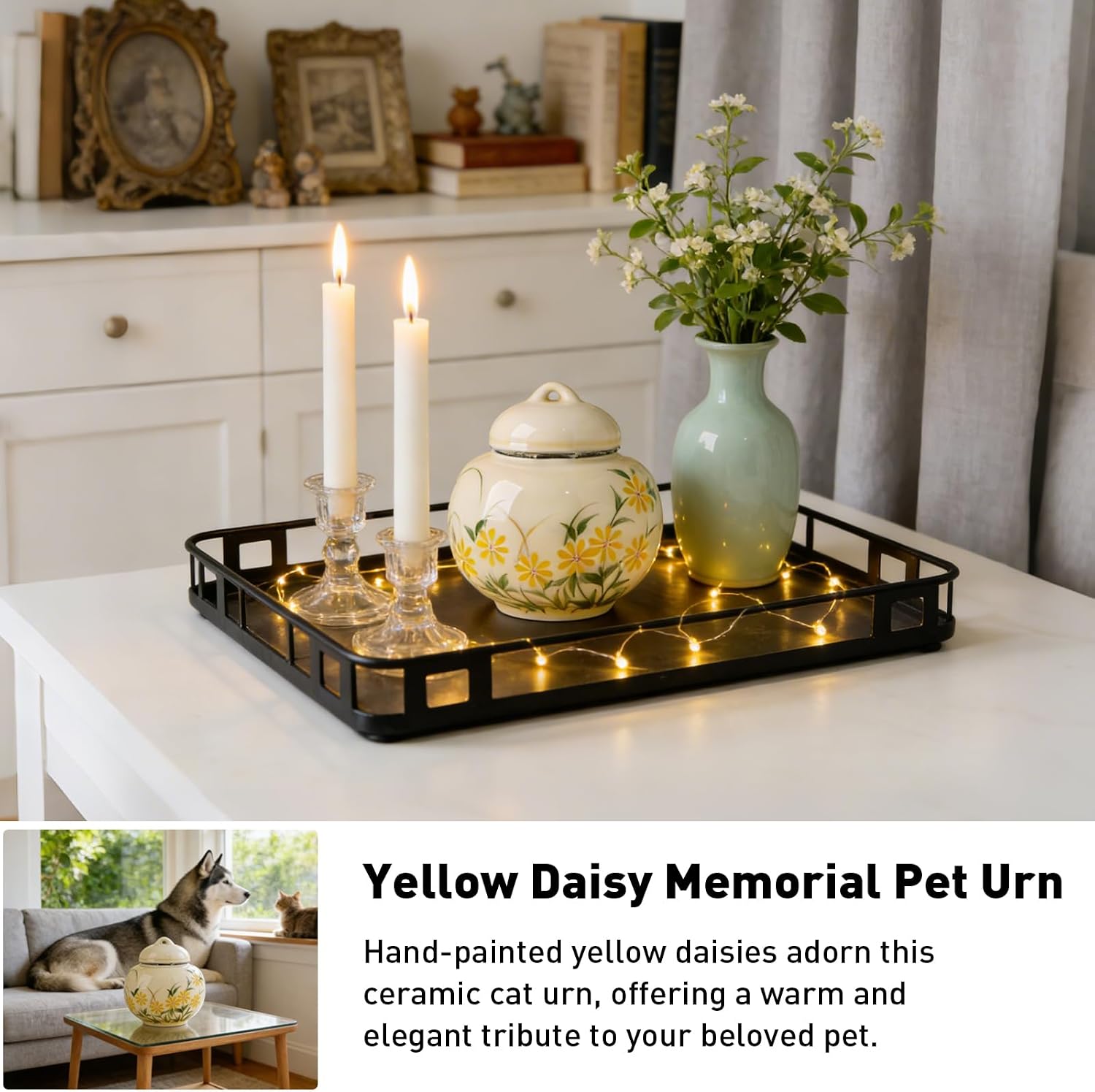 Ceramic Pet Urn for Ashes, Yellow Daisy Memorial Cat Urn, Portable Bone Jar for Dogs, Sealed Pet Keepsake for Home Decor-140ml