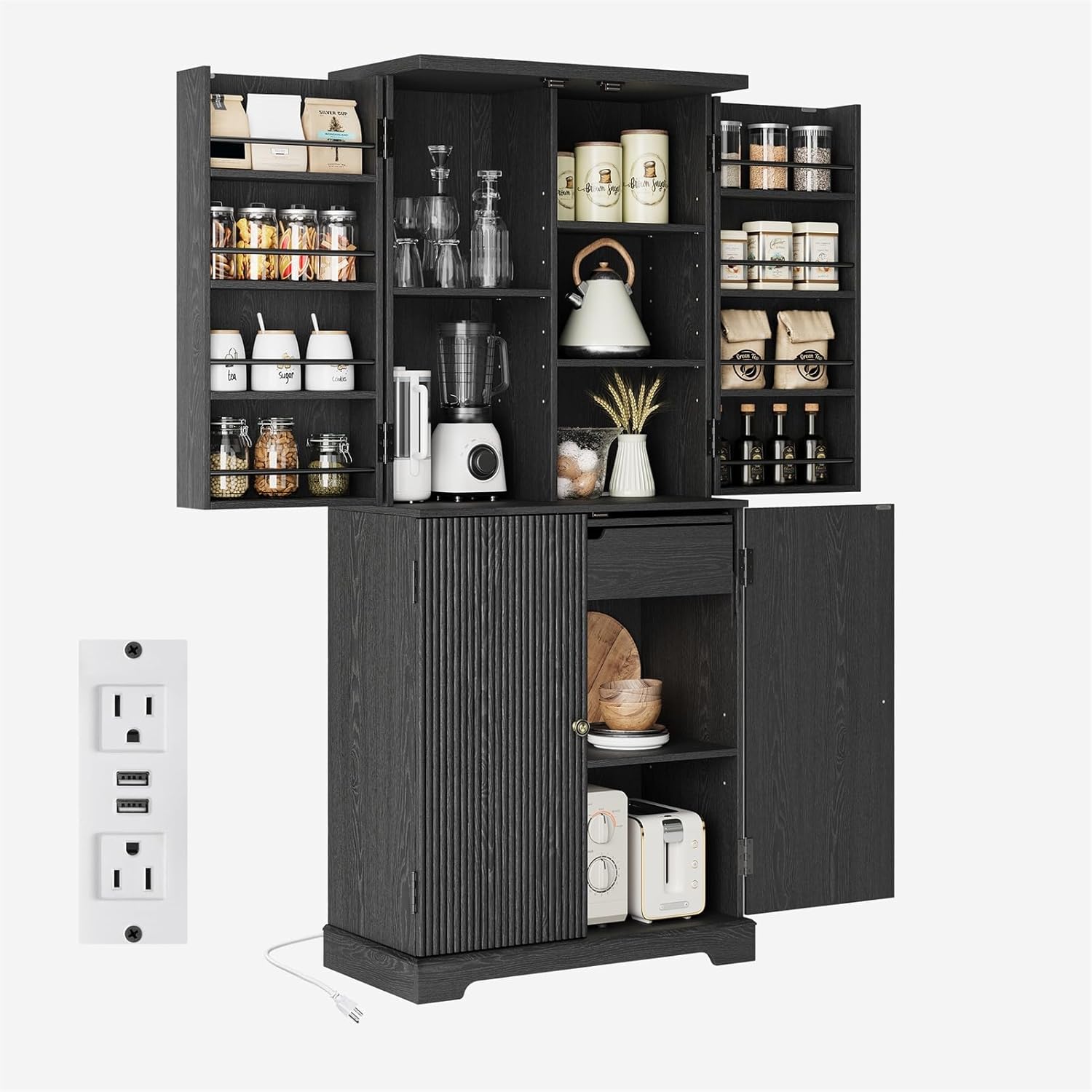 71" Fluted Pantry Storage Cabinet with Charging Station, Wood Cupboard with Extendable Counter, Adjustable Shelves &Door Racks for Kitchen, Dining Room, Living Room, Black