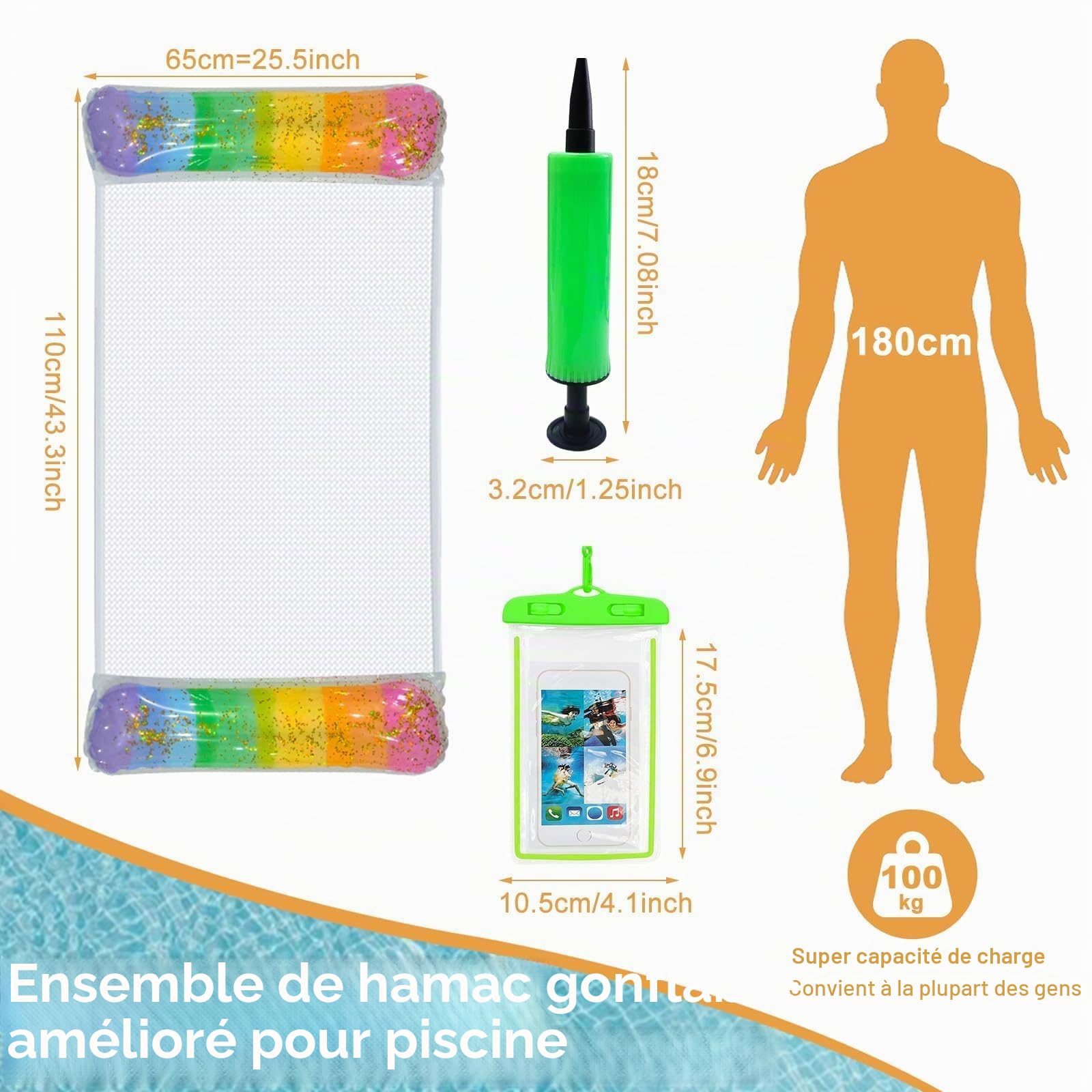 Lot de 2 hamacs flottants d'extérieur en PVC éco, 4-en-1 renforcé | 2 sacs étanches IPX8 avec pompe à air manuelle, matelas suspendu gonflable pour piscine, lac, plage, dégradé sequin