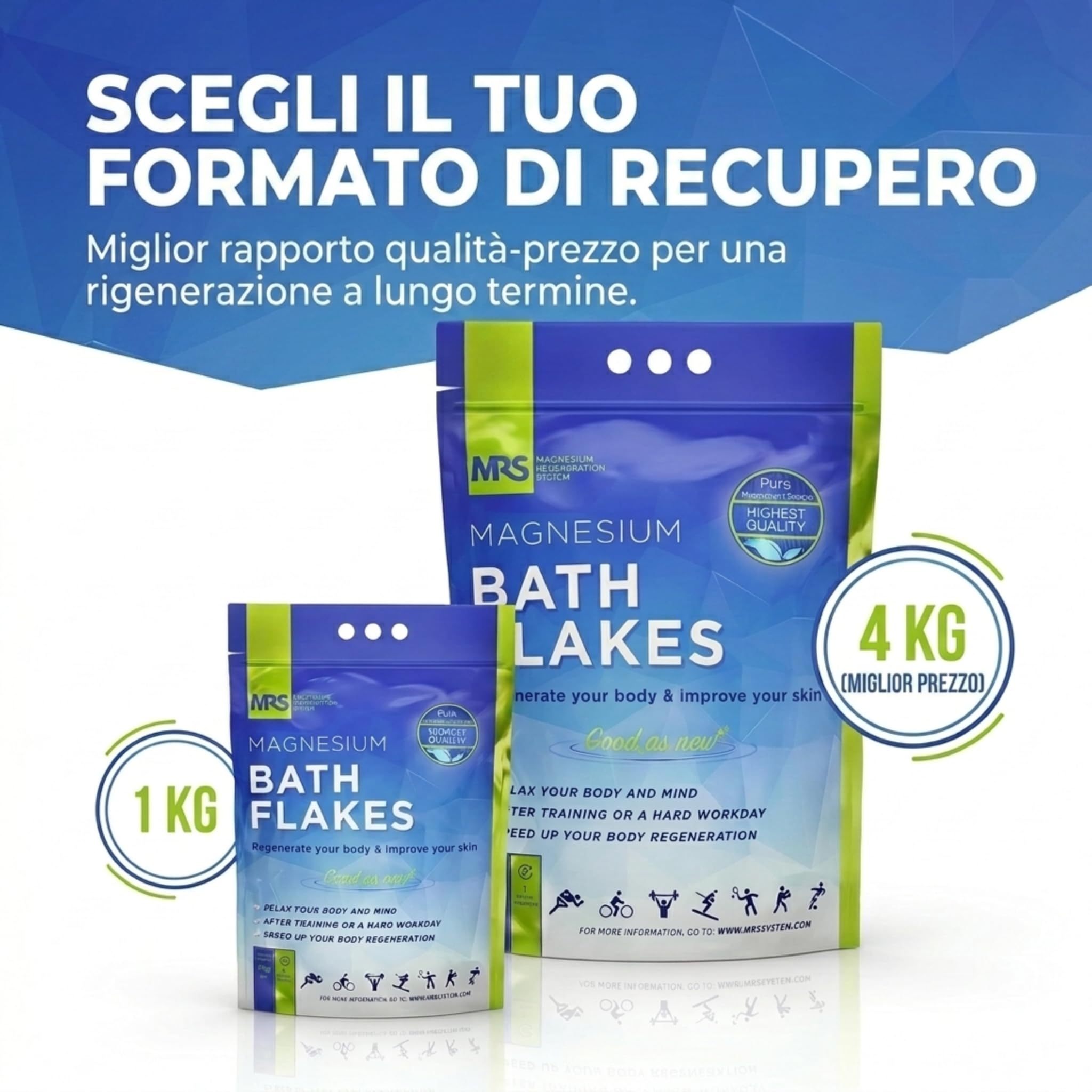 MRS Sali da Bagno Fini al Magnesio, Sale di Epsom, Sali da Bagno, Per trattamento Muscoli e Piedi, Rigenera il Corpo e la Mente, Sistema Rigenerante al Magnesio, 4kg - 8.8 lb