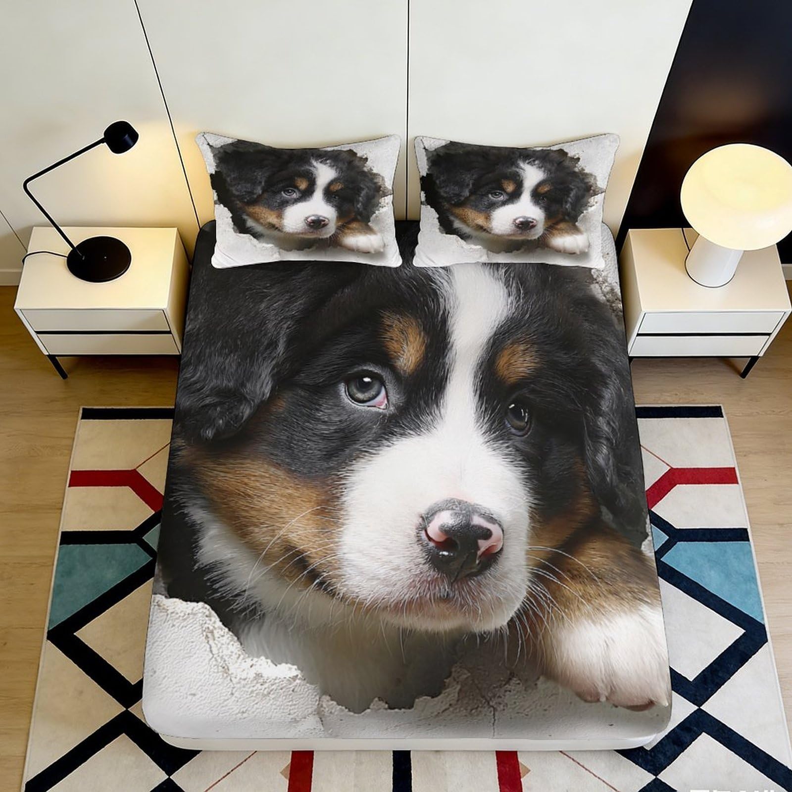 3D Printed Bernese Mountain Dog Fitted Sheet Microfiber Soft Anti-Slip Animal Puppy Mattress Cover for Bedroom Decor 200x200x25cm