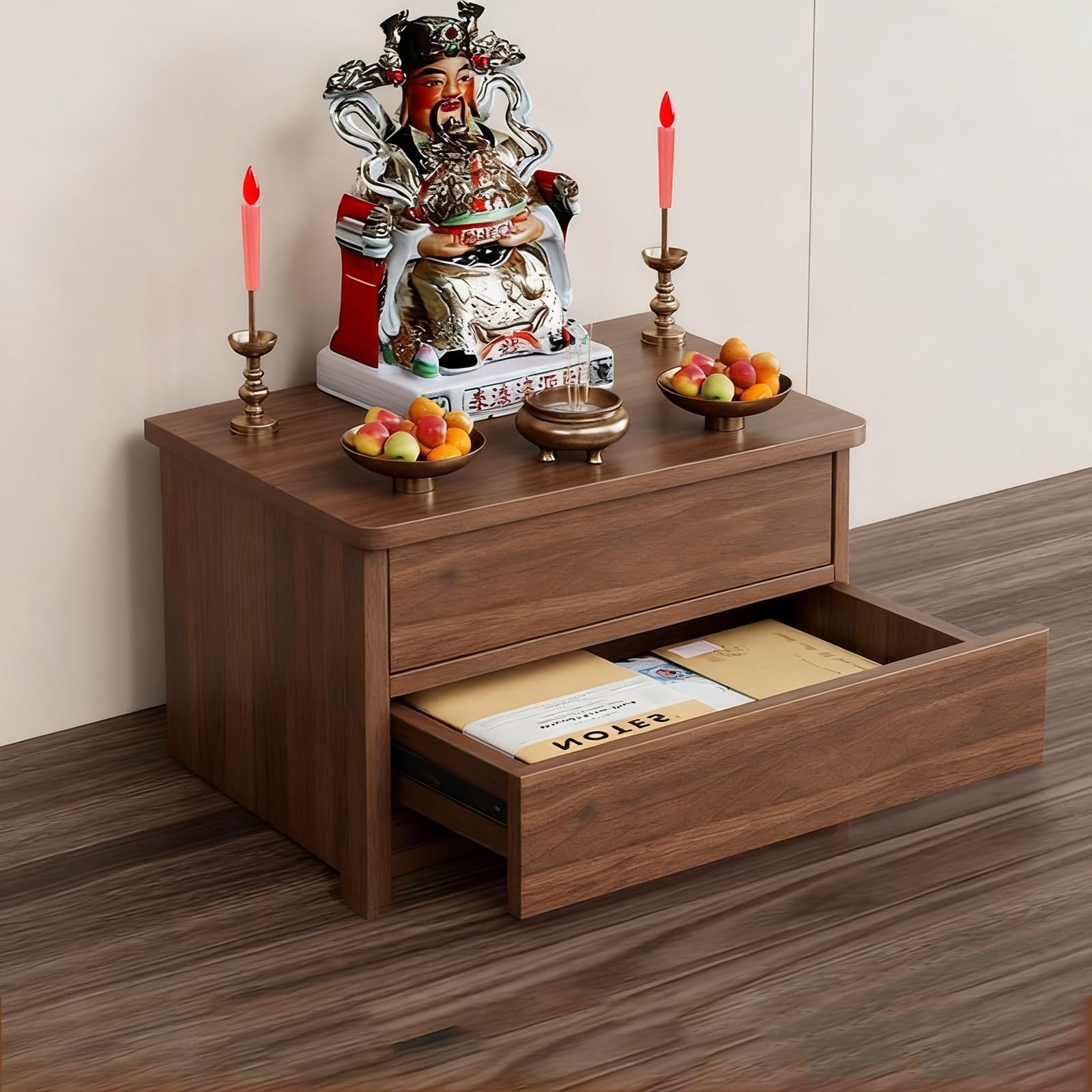 Desktop Buddha statue stand, Shrine Altar Table,Wood Temple Meditation Table,Chinese Style Guan Gong God of Wealth Pagoda Shelf,Customizable(Double-layer with drawers,40*15*20cm/15.7*5.9*7.8in)