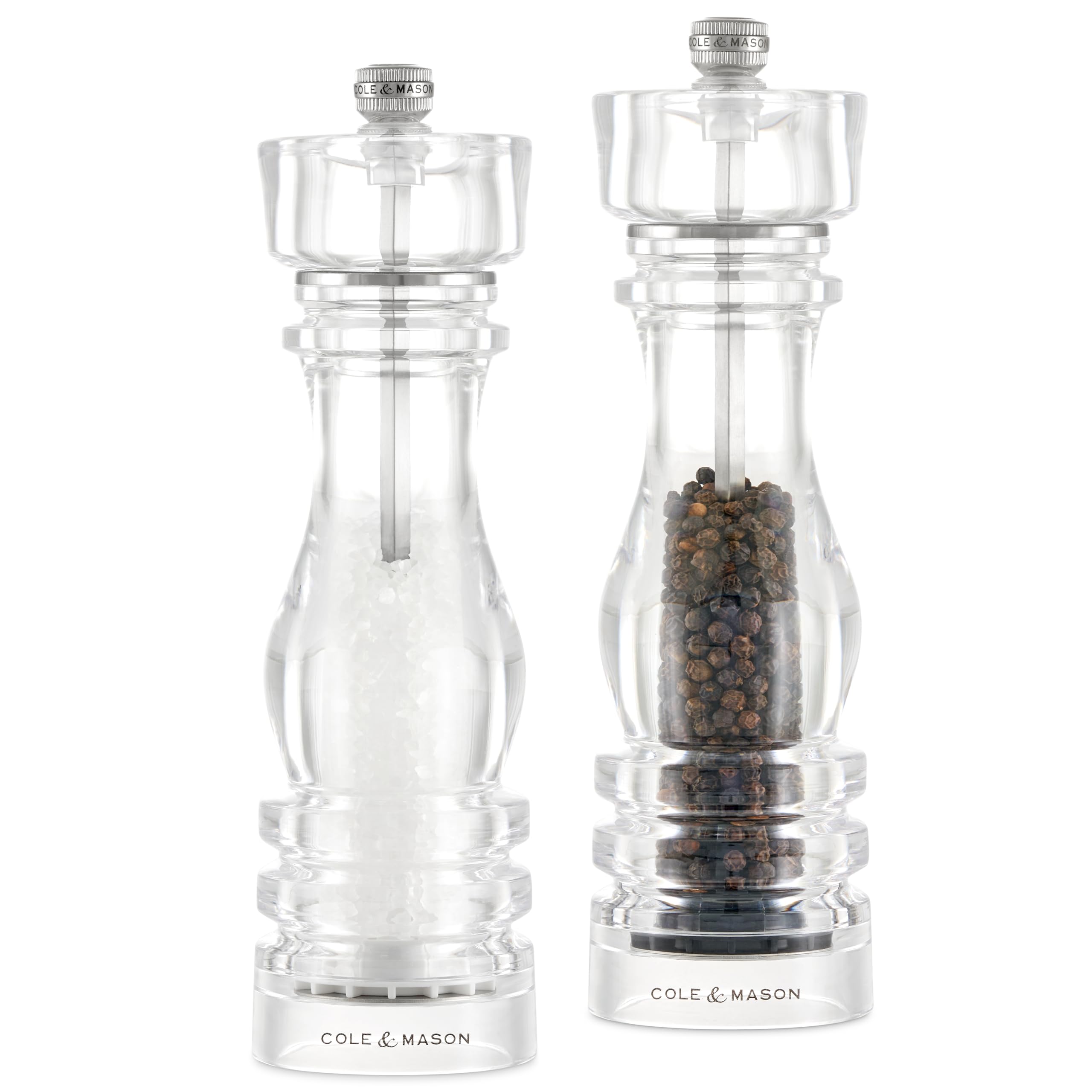 Cole & Mason London Salz und Pfeffermühle Acryl 22 cm, Keramikmahlwerk | Pfeffer und Salzmühle Klein, Precision+ Einstellbarem Malwerk, Gewürzmühle gefüllt, Transparent Acryl/Edelstahl, Geschenkset